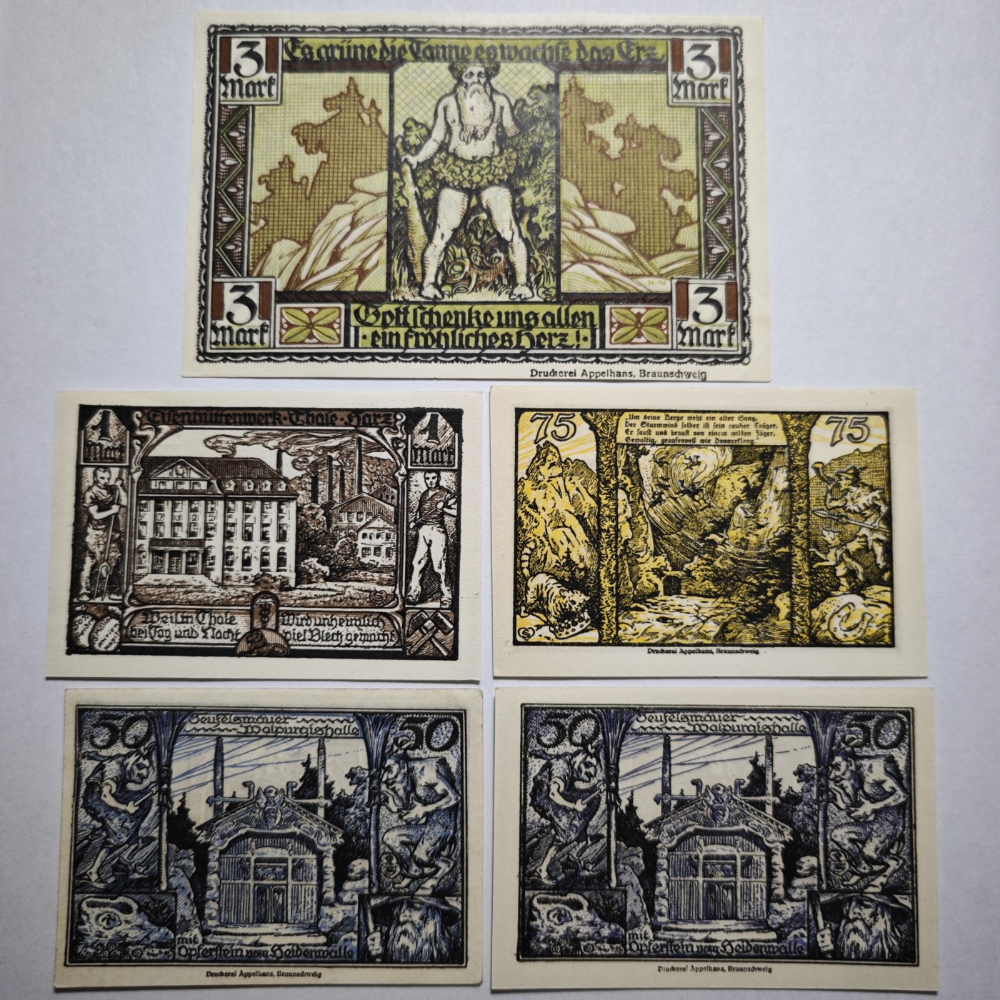 1921年 德国塔勒神话（巫婆跳舞、公主跳崖）全新纸币11张一组（Thale im Harz），面值：5\10\25\50\75\100芬尼（1马克）、3马克，目录编号：G/m1320.4~1320.9