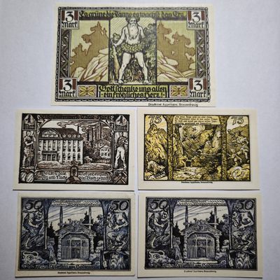 1921年 德国塔勒神话（巫婆跳舞、公主跳崖）全新纸币11张一组（Thale im Harz），面值：5\10\25\50\75\100芬尼（1马克）、3马克，目录编号：G/m1320.4~1320.9