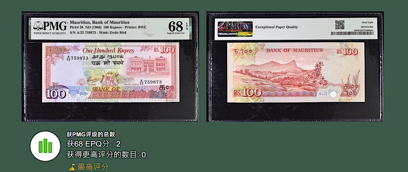 《张总朋友收藏》外币稀奇高分特别场(68及以上超高分) 拍品增加中 毛里求斯100卢比 PMG68E 1986年版 无4 冠军分 仅2张