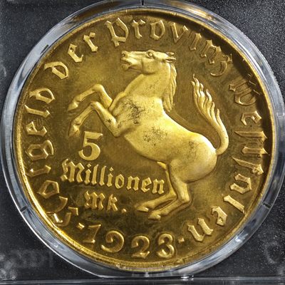  1923年 德国德紧威斯特法伦马币5百万马克铜币 三行字 马币第二难度 发行量仅8000余枚 PCGS MS65