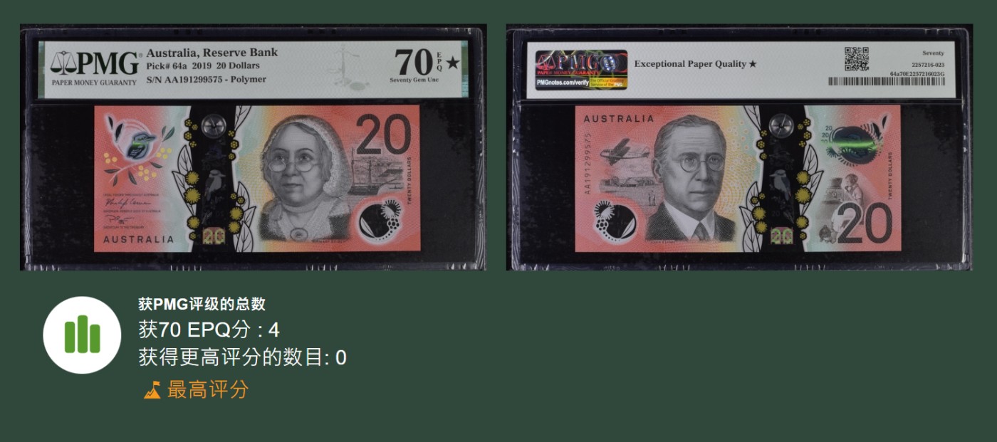 《张总朋友收藏》外币稀奇高分特别场(68及以上超高分) 拍品增加中 澳大利亚2019年20镑AA冠PMG70E满分绝对冠军分全程无4，161张评级记录 就评出4张满分