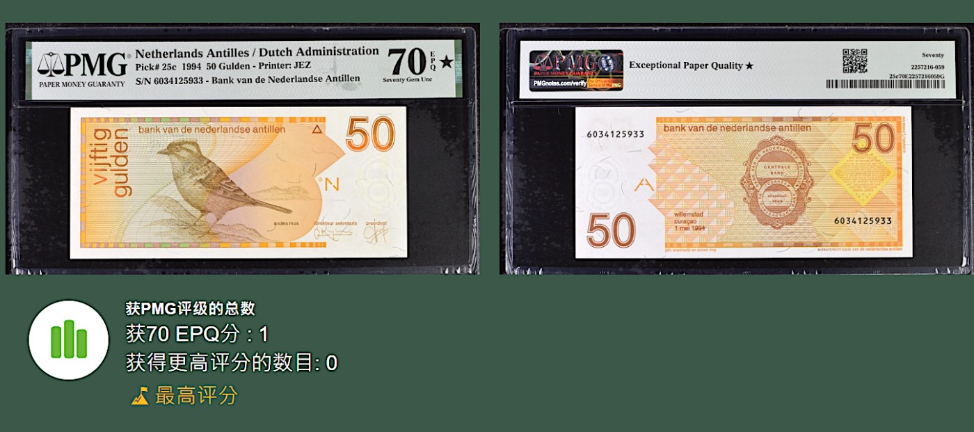 《张总朋友收藏》外币稀奇高分特别场(68及以上超高分) 拍品增加中 荷属安的列斯50盾 PMG70E 鸟版初版 70分满分且唯一冠军分