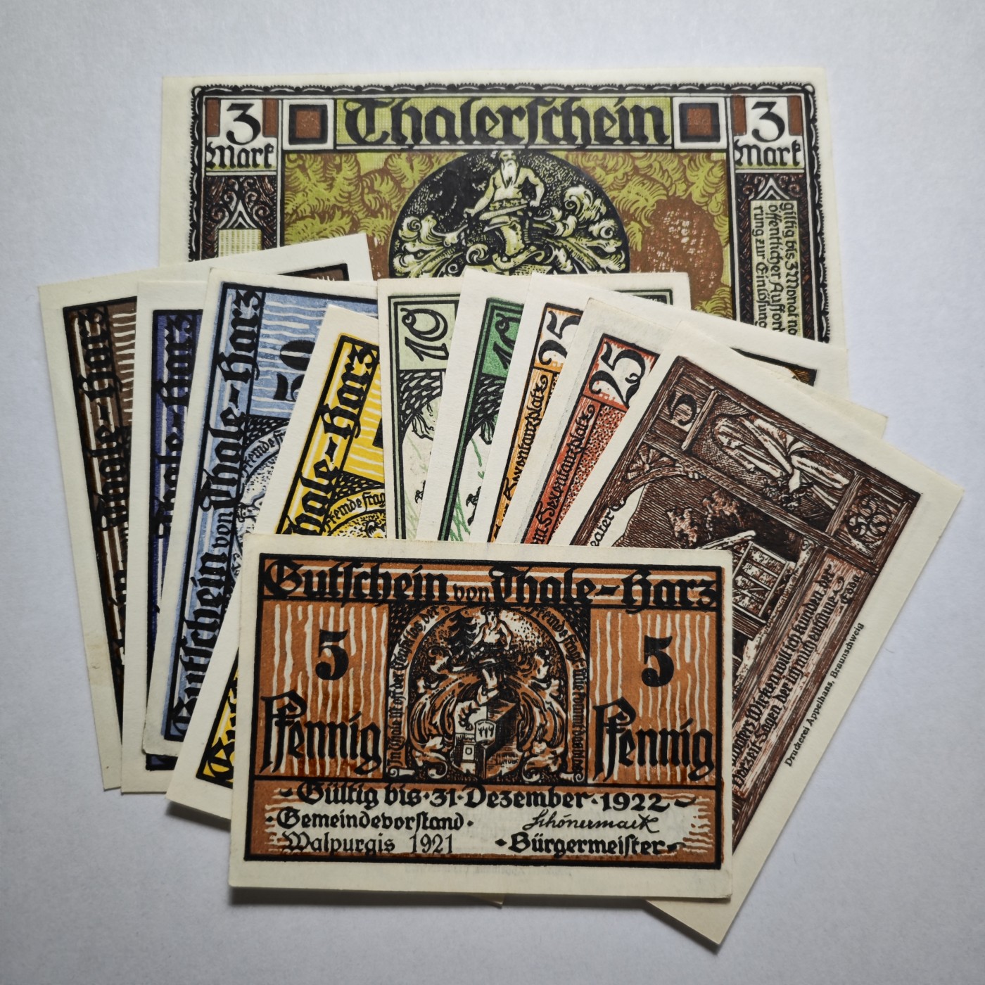 1921年 德国塔勒神话（巫婆跳舞、公主跳崖）全新纸币11张一组（Thale im Harz），面值：5\10\25\50\75\100芬尼（1马克）、3马克，目录编号：G/m1320.4~1320.9