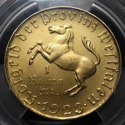  1923年 德国德紧威斯特法伦马币1万亿镀金马克 大名誉品 世界上面值最大的硬币 发行量仅100枚 PCGS MS63 (裸币20年昆克2.3w左右,22年昆克2.6w左右)