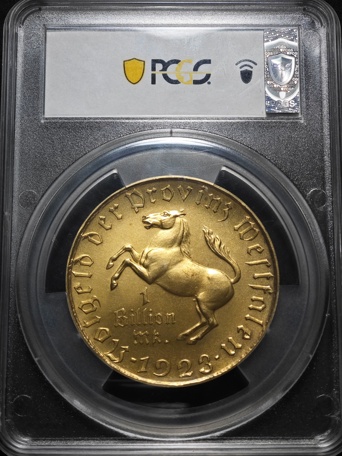  1923年 德国德紧威斯特法伦马币1万亿镀金马克 大名誉品 世界上面值最大的硬币 发行量仅100枚 PCGS MS63 (裸币20年昆克2.3w左右,22年昆克2.6w左右)