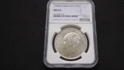道一币馆币章第一场 - NGC评级MS63 荷属库拉索1944年威廉明娜2.5盾大银币