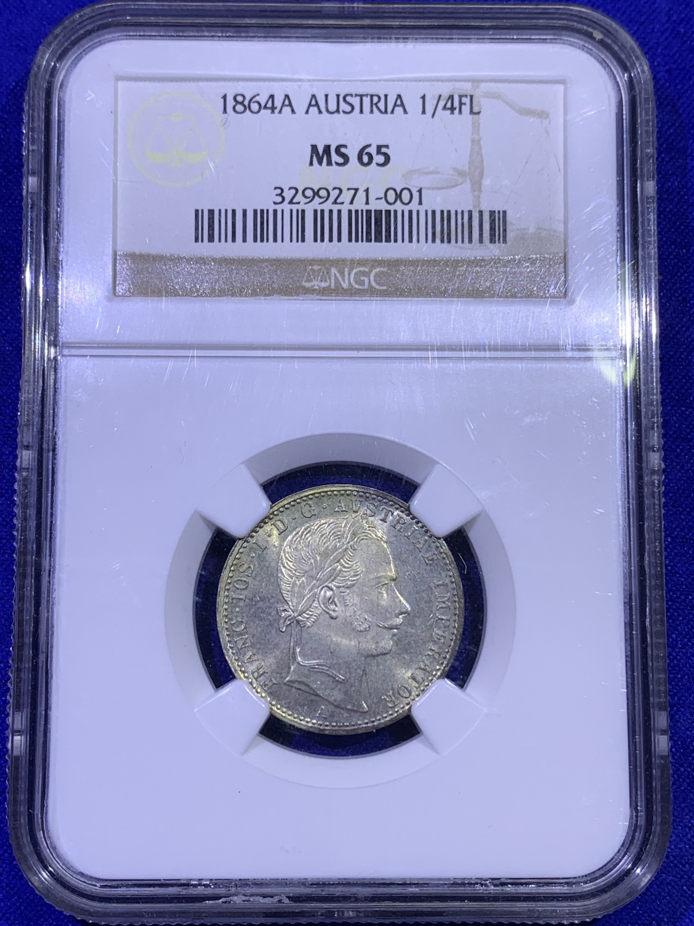 《竞宝斋》第179场-周日，周一2场 (全场包邮) NGC MS65 奥匈帝国 奥地利 1864年 1/4F银币 高分少见面值