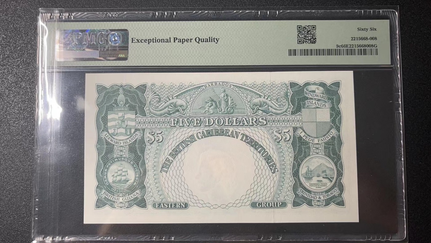 【Blue Auction】✨世界纸币精拍第341期——周日畅拍场 【冠军分】英属东加勒比 1961-62年5元 PMG66EPQ  该面值高分非常少见 大冠女王