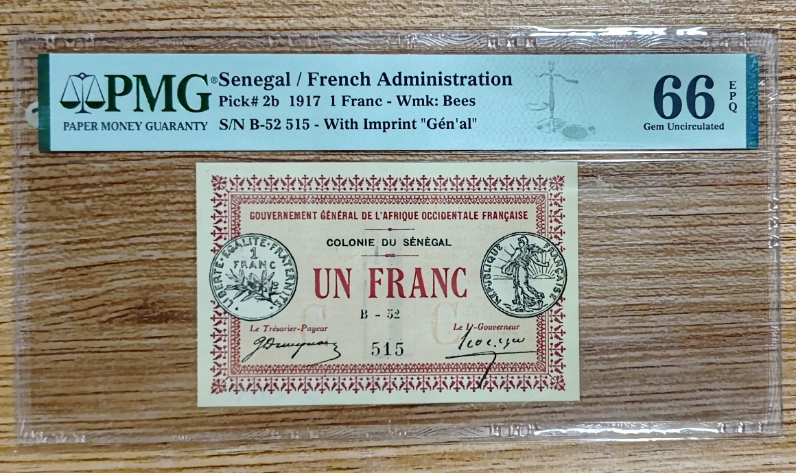 【Blue Auction】✨世界纸币精拍第341期——周日畅拍场 【515雷达号无47 百年风云】法属塞内加尔 1917年1法郎 PMG66EPQ 