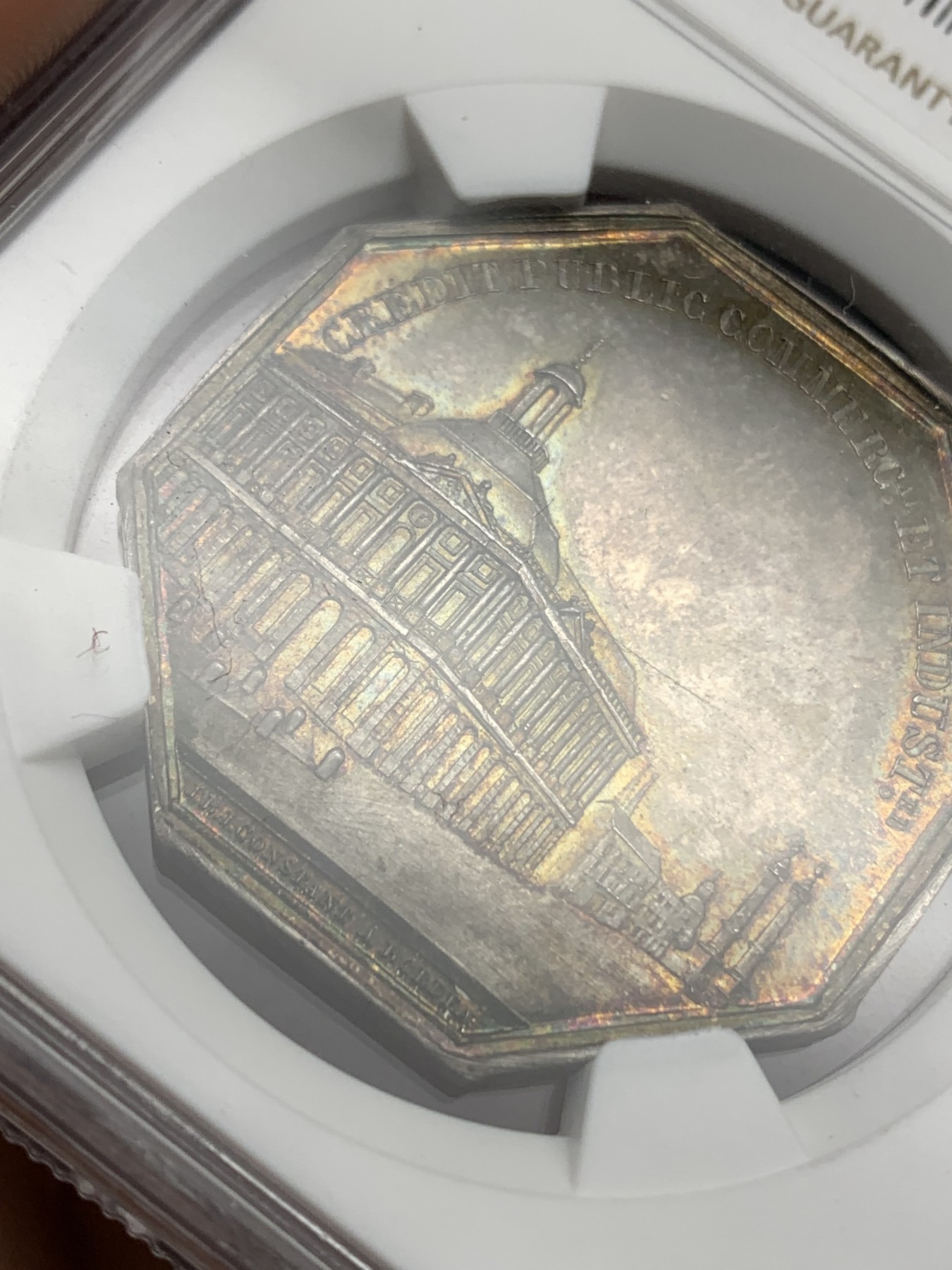 《竞宝斋》第179场-周日，周一2场 (全场包邮) NGC MS64 法国八角银质代币，波尔多股票经济公司，金黄包浆，状态极佳