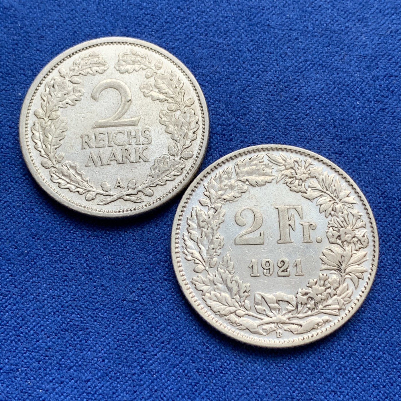 《竞宝斋》第179场-周日，周一2场 (全场包邮) 2枚银币一组瑞士1921年雪山女神2法郎+德国1926年2马克银币（鹰版少见）