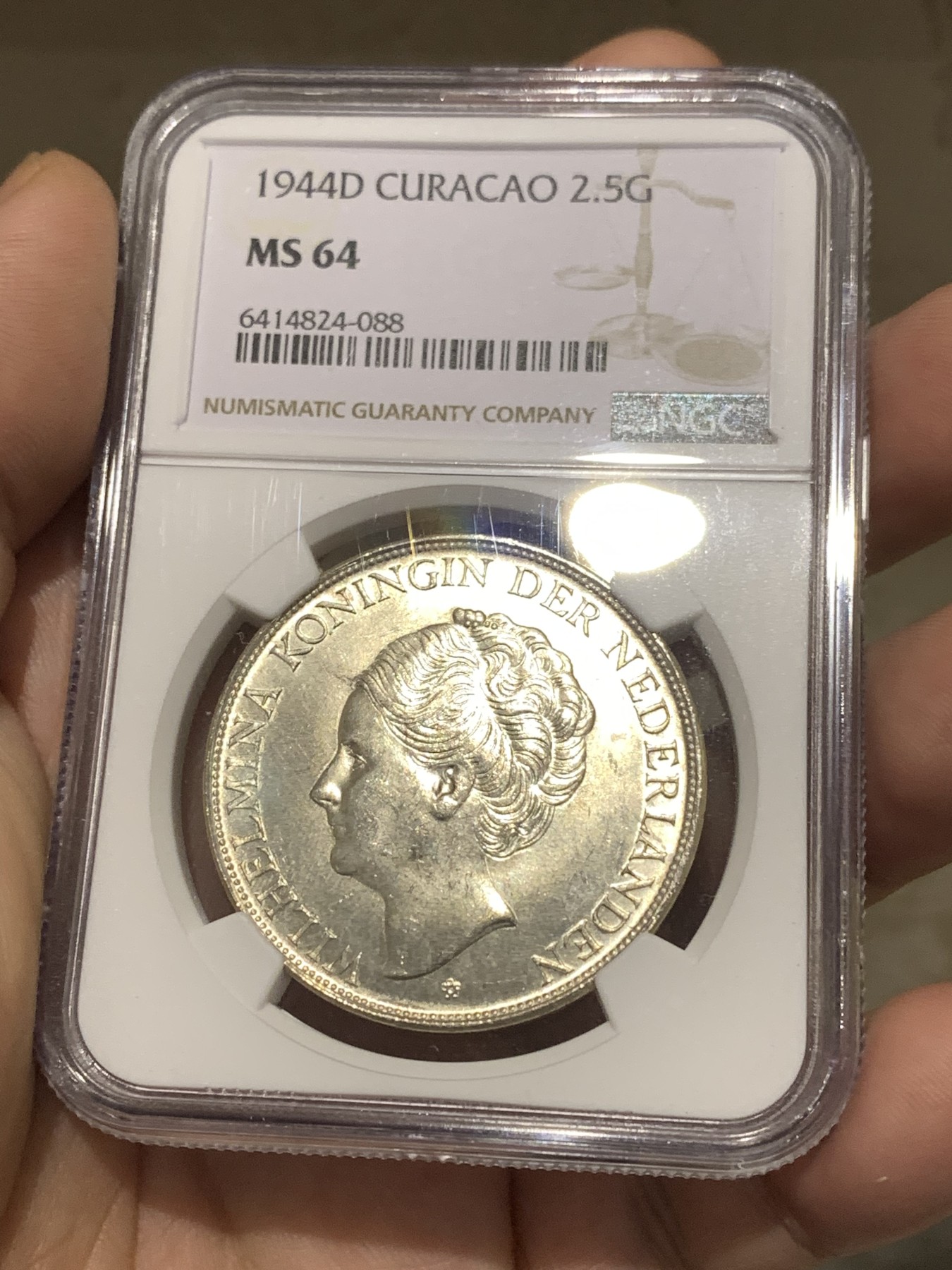 《竞宝斋》第179场-周日，周一2场 (全场包邮) NGC-MS64 荷属库拉索1944年 威廉米娜女王 2.5盾大银币