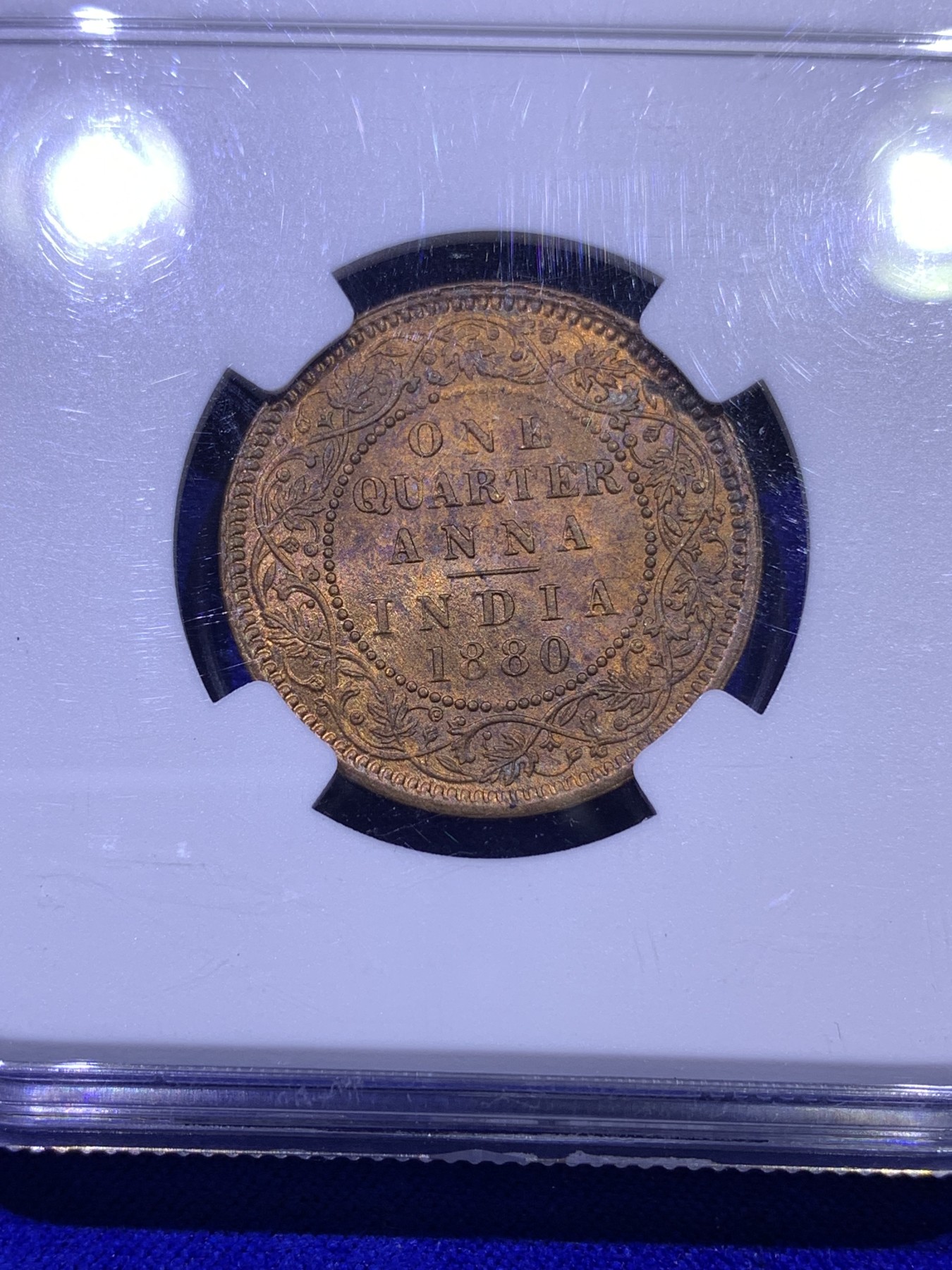 《竞宝斋》第179场-周日，周一2场 (全场包邮) NGC MS64RB 英属 印度1880年 维多利亚 1/4 ANNA铜币