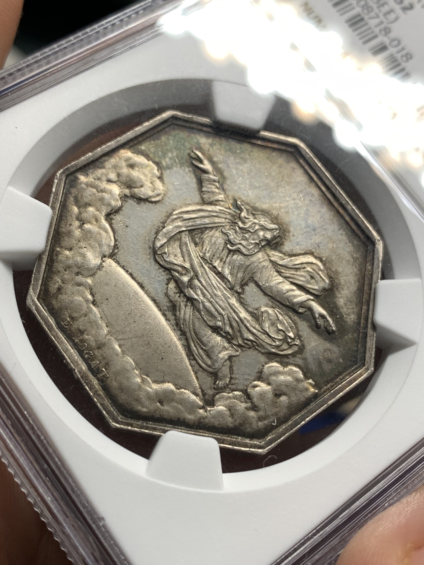 《竞宝斋》第179场-周日，周一2场 (全场包邮) NGC MS62 法国八角银质代币，1843年天父保险公司，飞天的宙斯，少见蜜蜂边铭