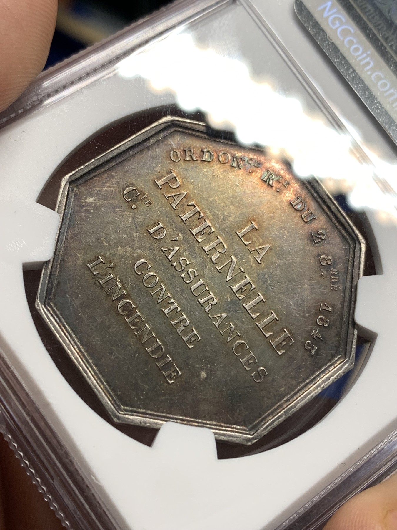 《竞宝斋》第179场-周日，周一2场 (全场包邮) NGC MS62 法国八角银质代币，1843年天父保险公司，飞天的宙斯，少见蜜蜂边铭