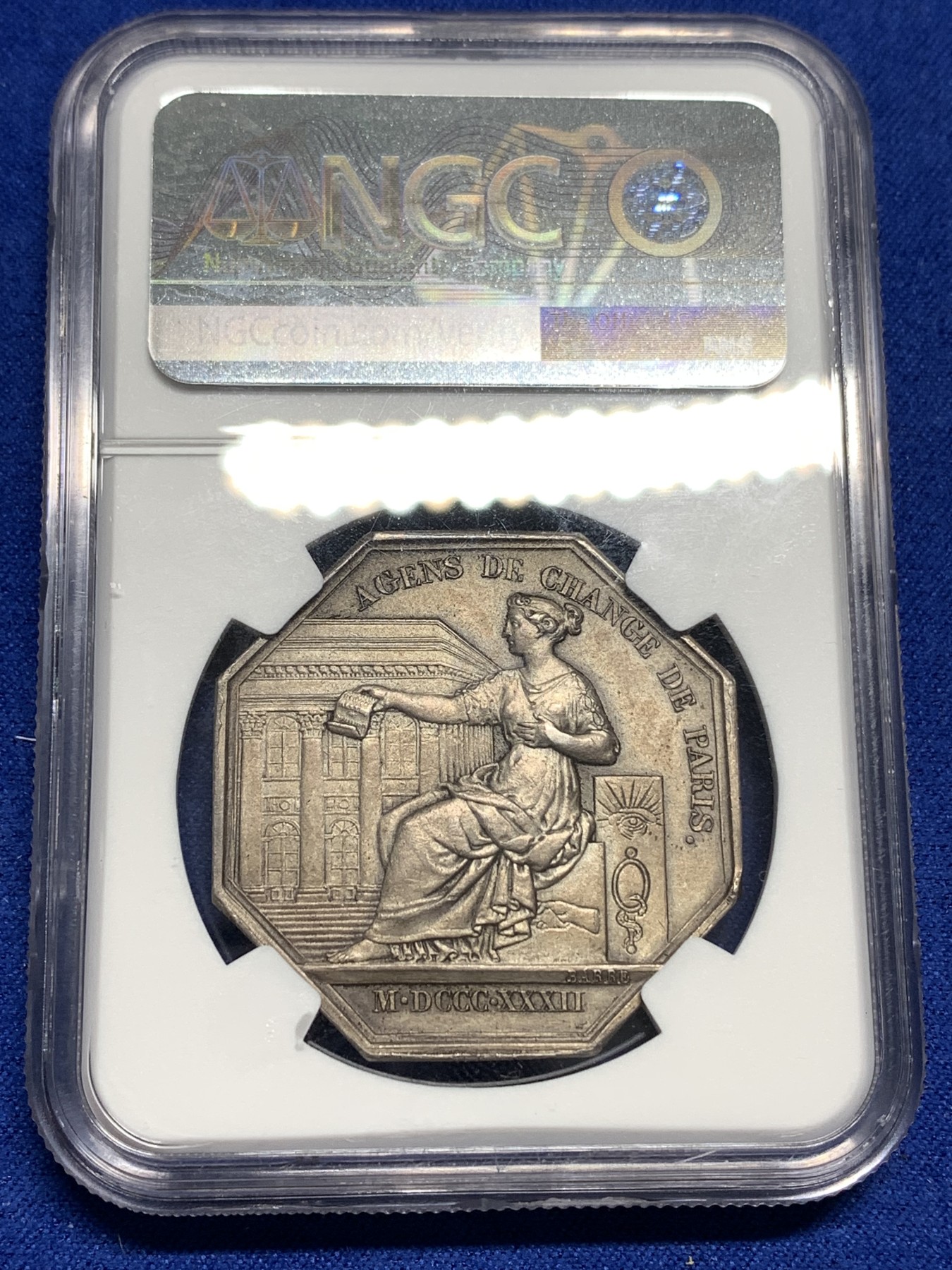 《竞宝斋》第179场-周日，周一2场 (全场包邮) NGC MS63 法国八角银质代币，1832年菲利普巴黎股票经纪人，审慎之神普鲁登斯于巴黎证交所前