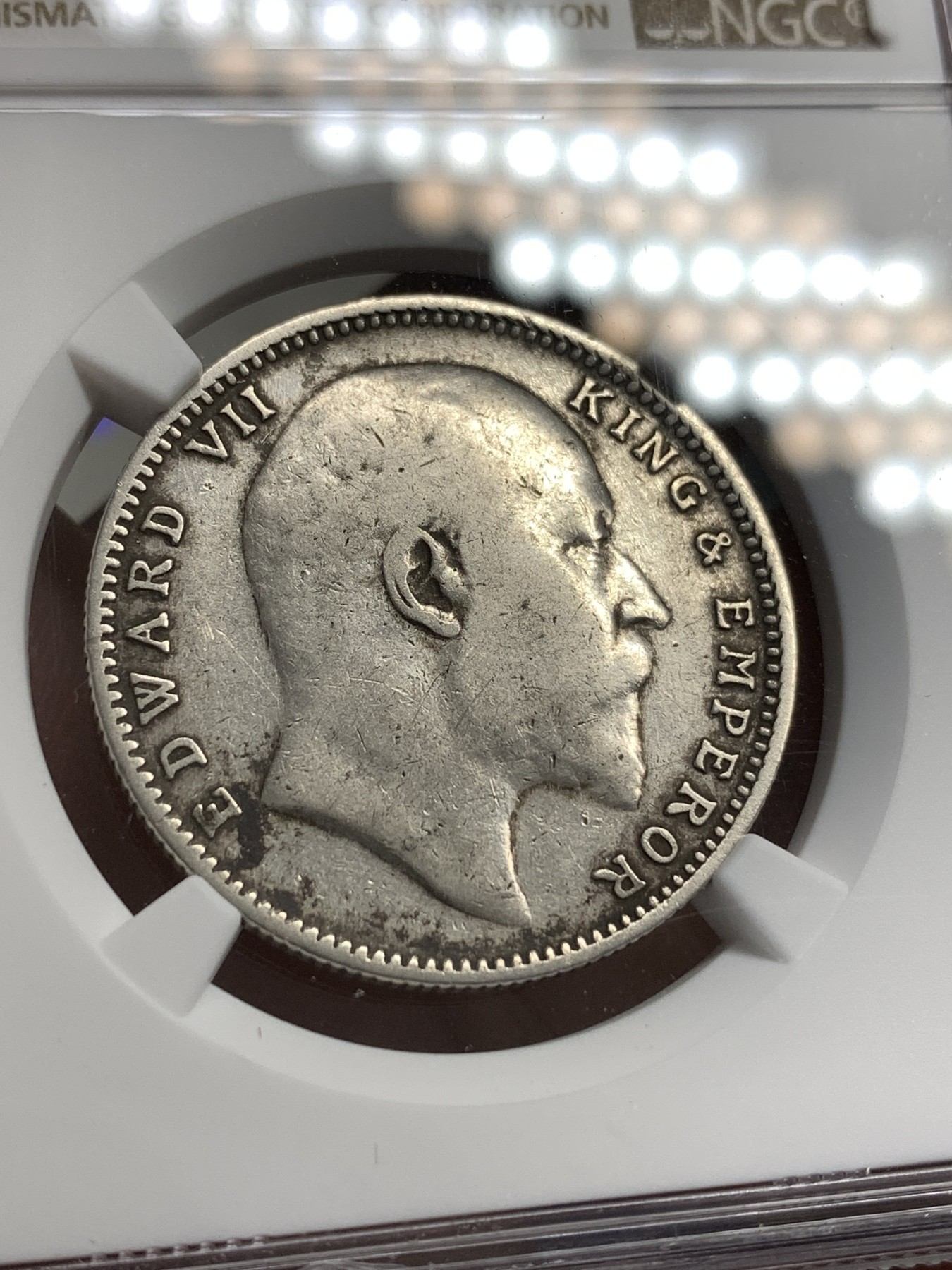 《竞宝斋》第179场-周日，周一2场 (全场包邮) NGC VF 英属印度1906年B版爱七1卢比银币 原味流通