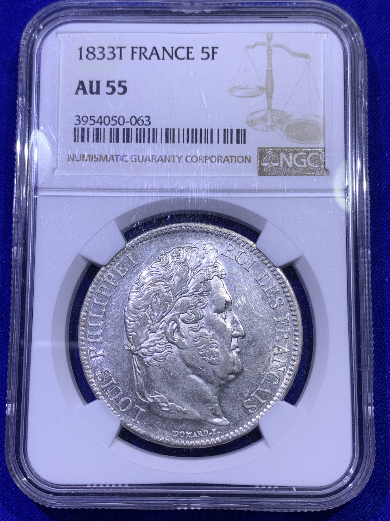 《竞宝斋》第179场-周日，周一2场 (全场包邮) 唯一冠军分 NGC AU55 1833T 法国菲利普5法郎银币 南特造币厂，不常见