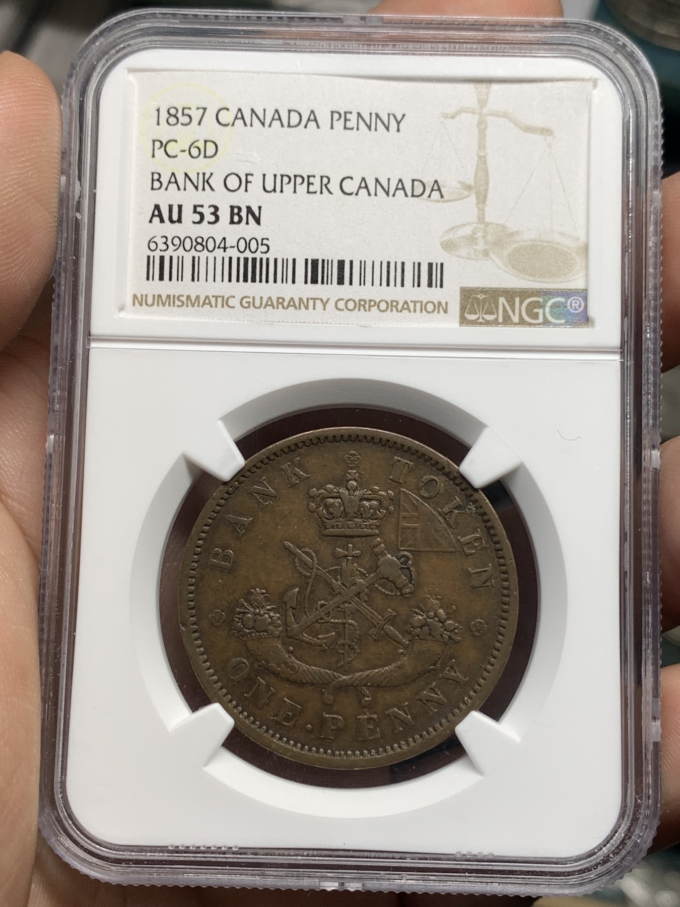 《竞宝斋》第179场-周日，周一2场 (全场包邮) NGC AU53BN 加拿大 1857年 马剑1便士大铜币 少见大规格代币