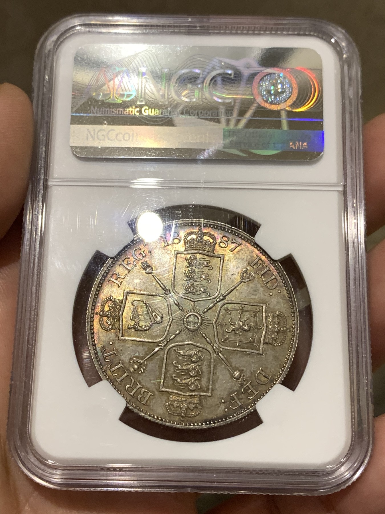 《竞宝斋》第179场-周日，周一2场 (全场包邮) NGC MS65 英国1887年 维多利亚女王高冠版 双福林银币 高等级分数 双面五彩包浆非常难得