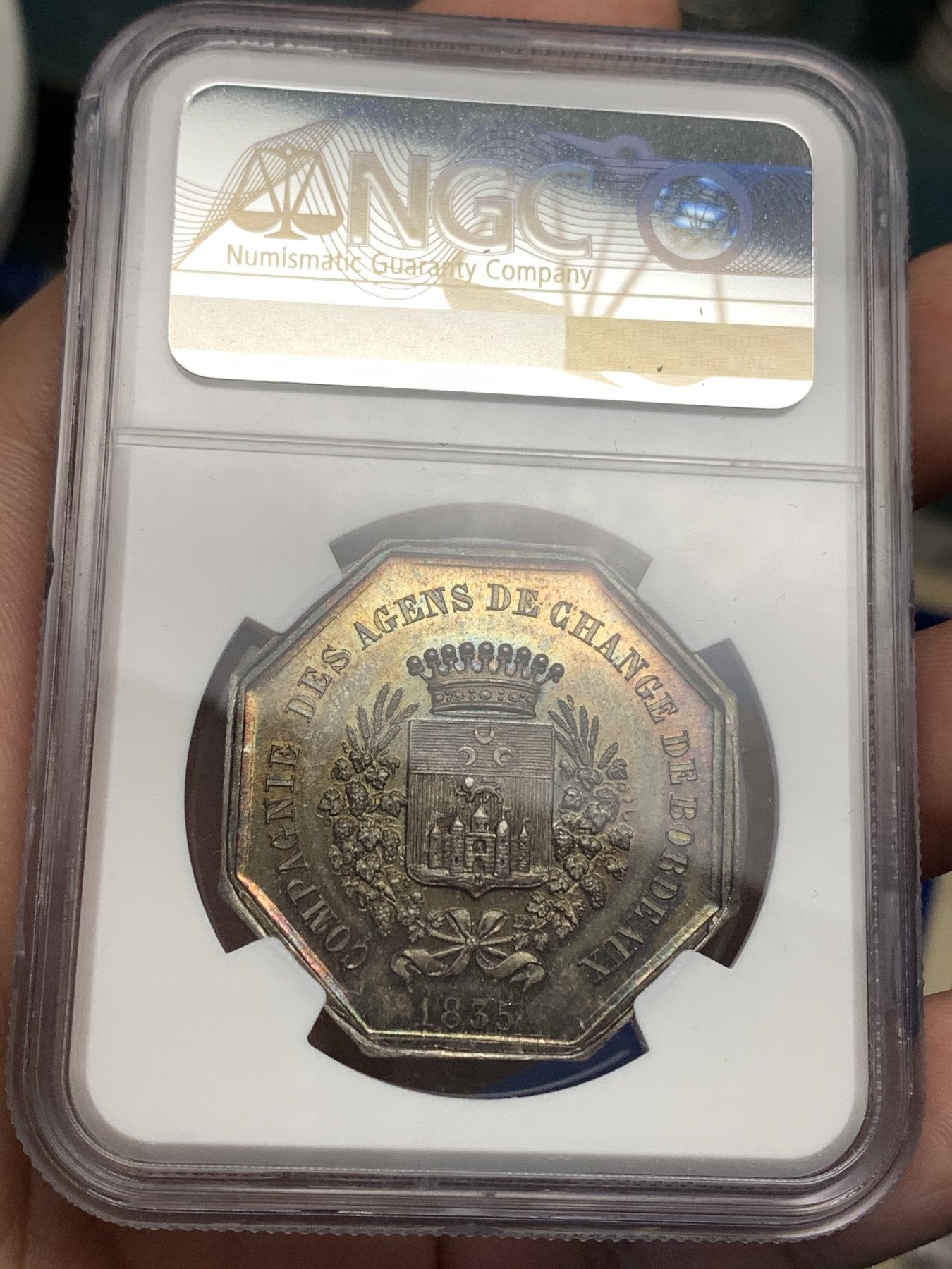 《竞宝斋》第179场-周日，周一2场 (全场包邮) NGC MS64 法国八角银质代币，波尔多股票经济公司，金黄包浆，状态极佳