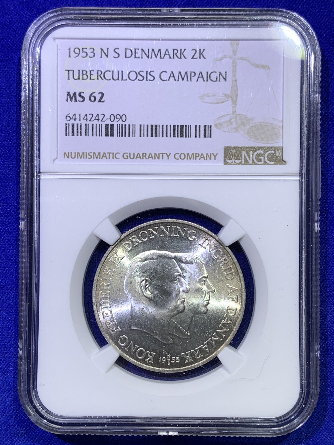 《竞宝斋》第179场-周日，周一2场 (全场包邮) NGC MS62 1953年丹麦弗雷德里克九世2克朗银币，背面是格林兰岛，独年份，发行量较少