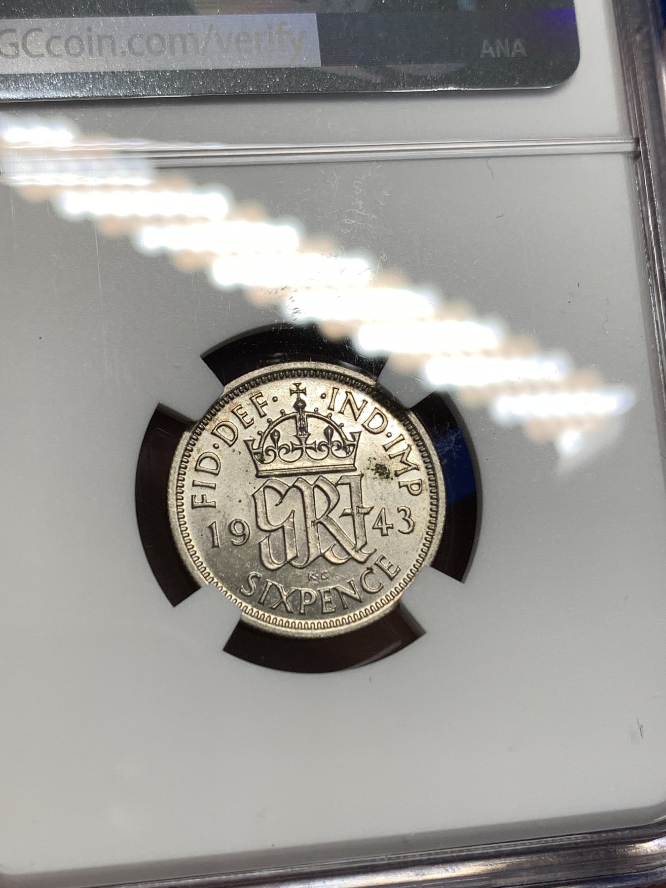 《竞宝斋》第179场-周日，周一2场 (全场包邮) NGC-MS61 英国1943年 乔六6便士银币 原光好品