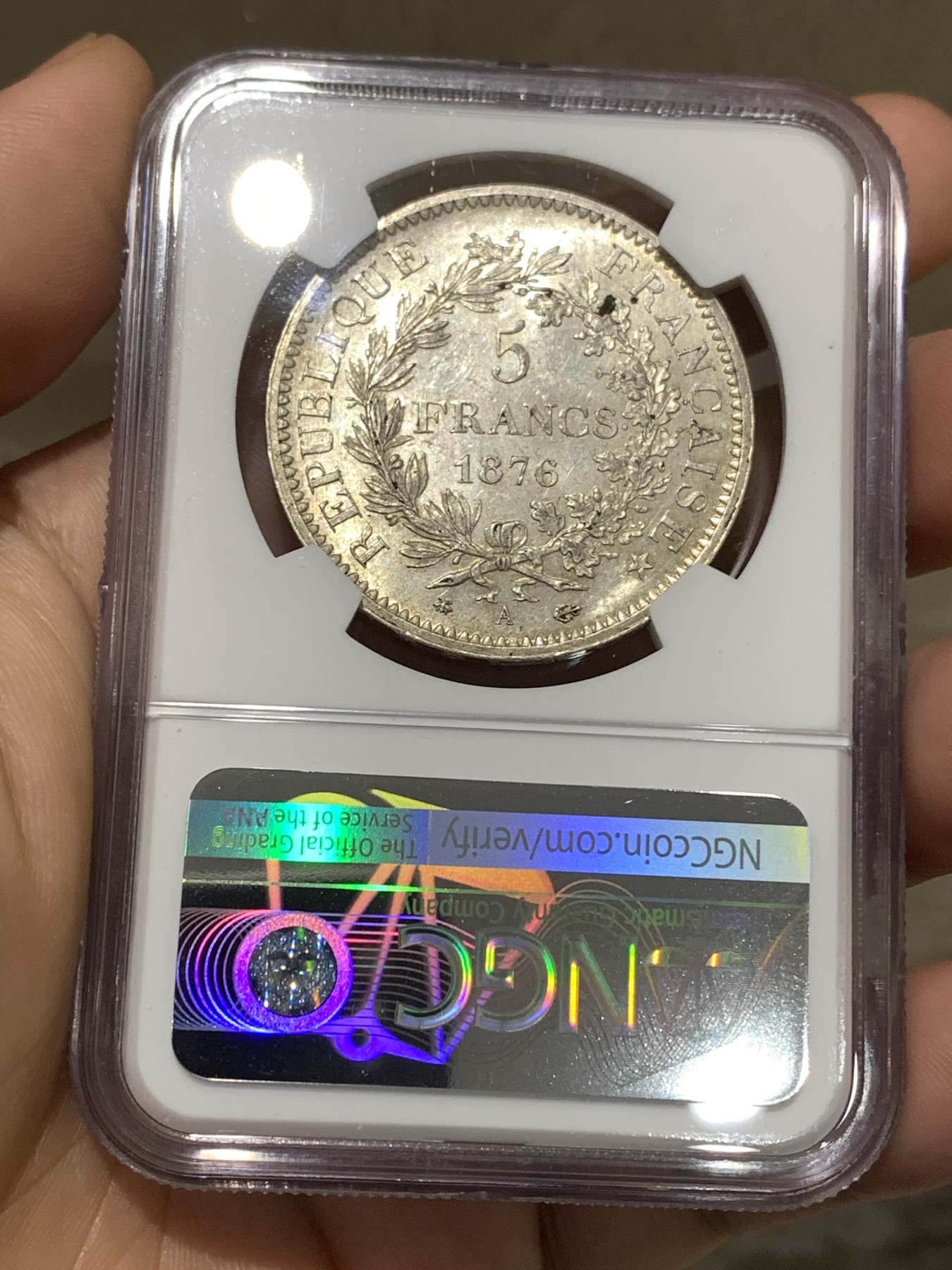 《竞宝斋》第179场-周日，周一2场 (全场包邮) NGC MS62 法国 1876年 大力神 5法郎银币 稀少年份 MS非常难得