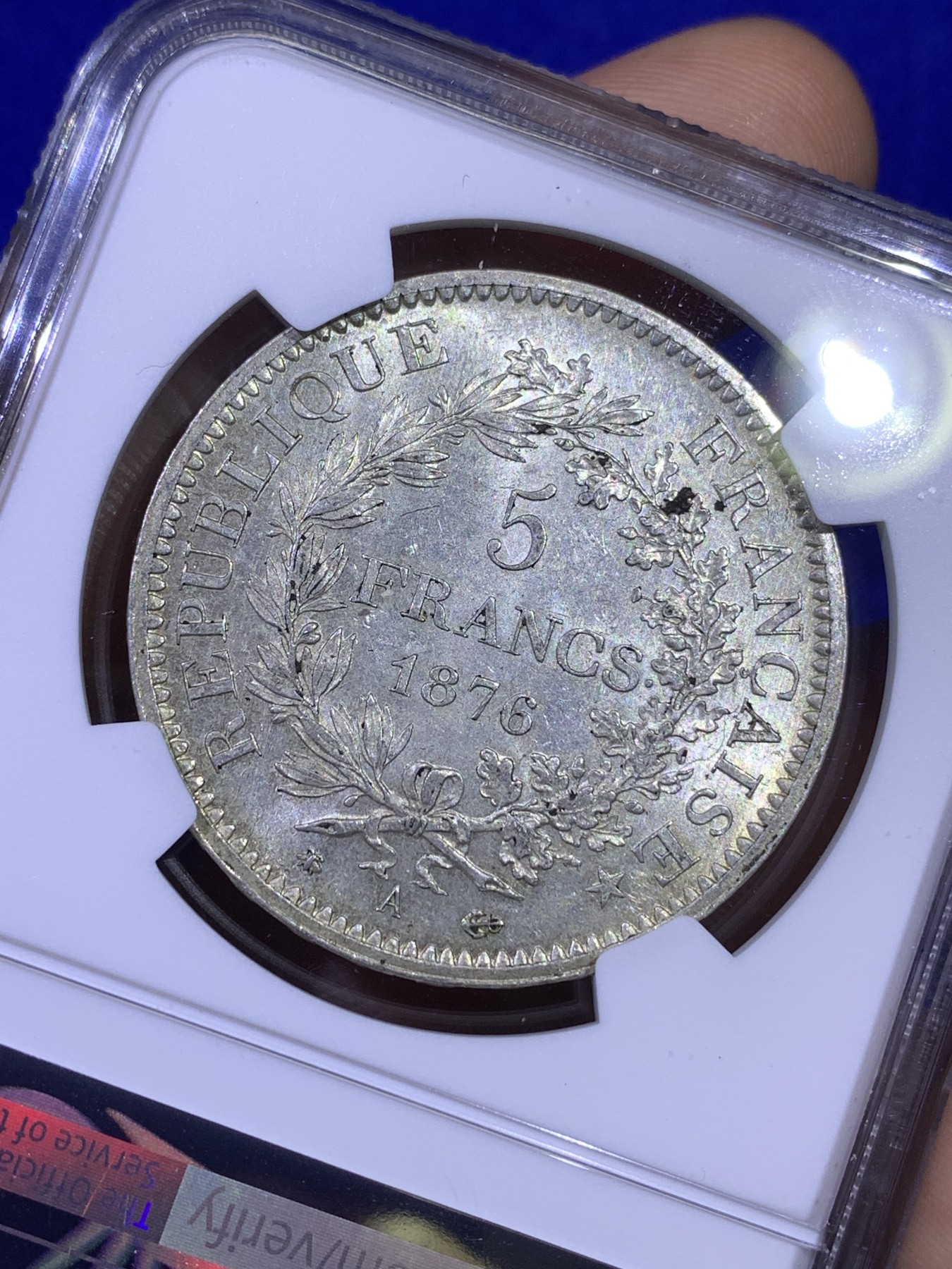 《竞宝斋》第179场-周日，周一2场 (全场包邮) NGC MS62 法国 1876年 大力神 5法郎银币 稀少年份 MS非常难得