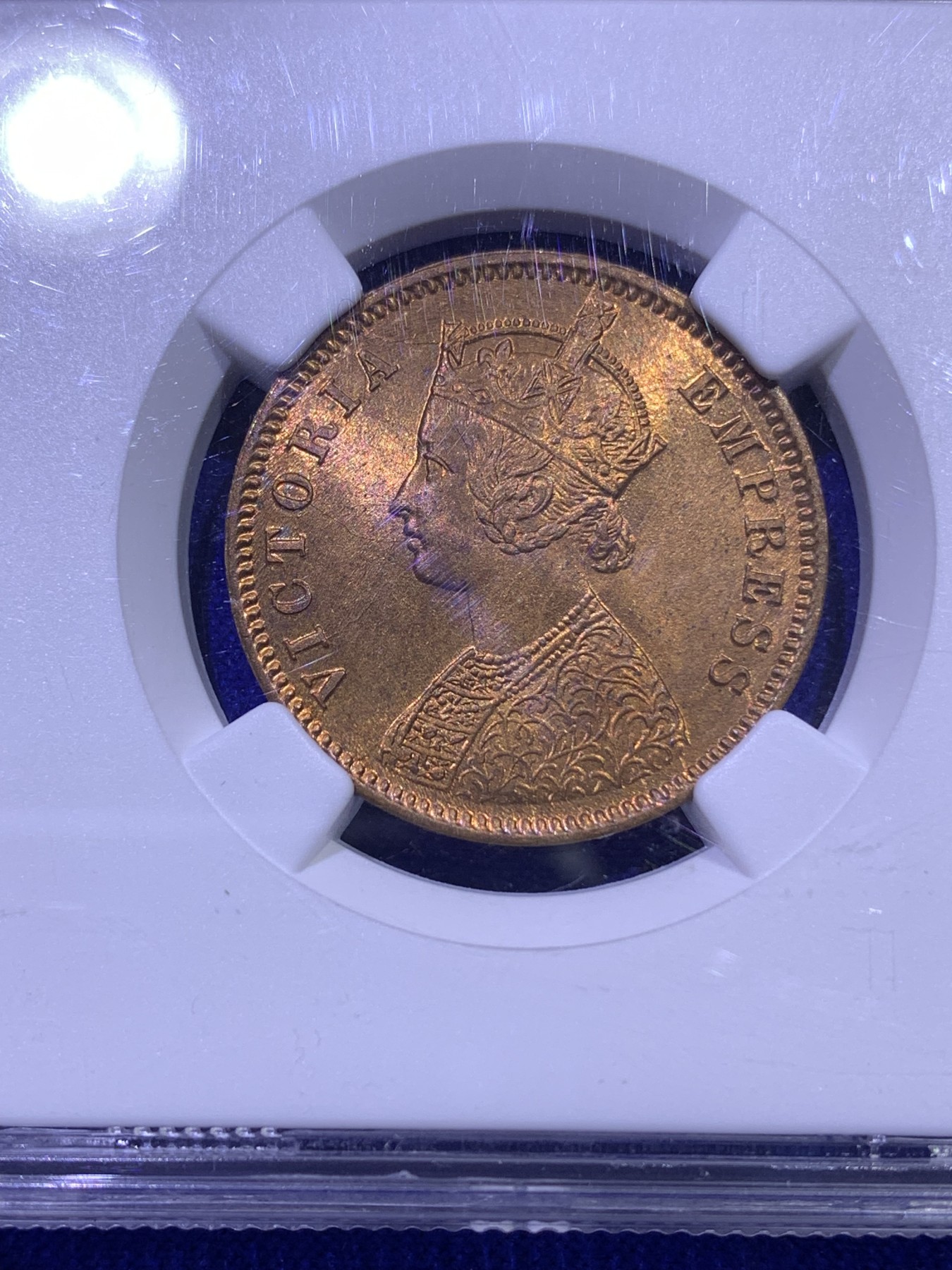 《竞宝斋》第179场-周日，周一2场 (全场包邮) NGC MS64RB 英属 印度1880年 维多利亚 1/4 ANNA铜币