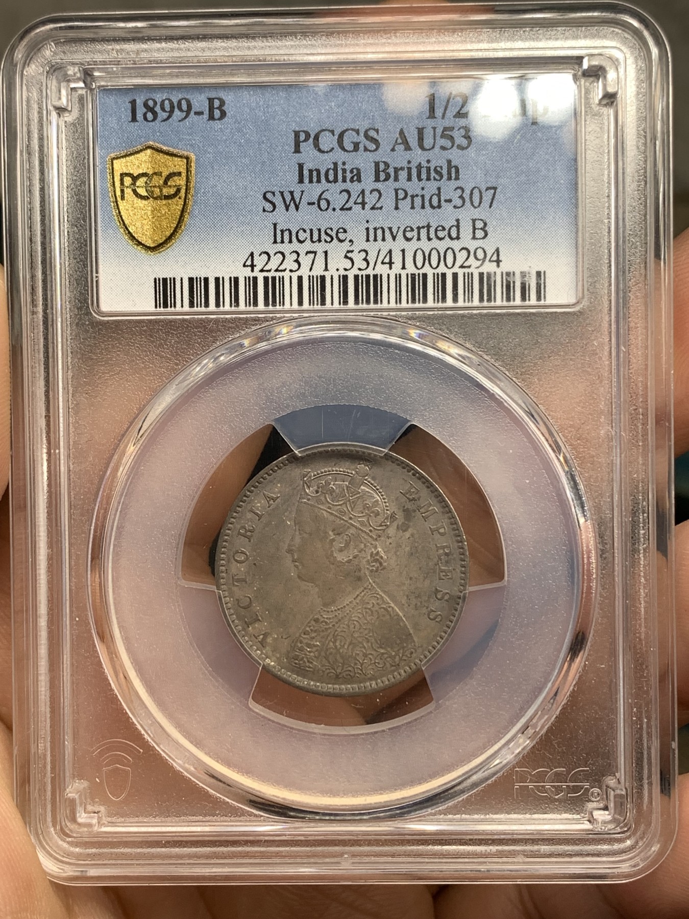 《竞宝斋》第179场-周日，周一2场 (全场包邮) PCGS AU53 1899 英属印度小维1/2卢比 稀少面值 灰彩包浆 目录价高 XF的400美金