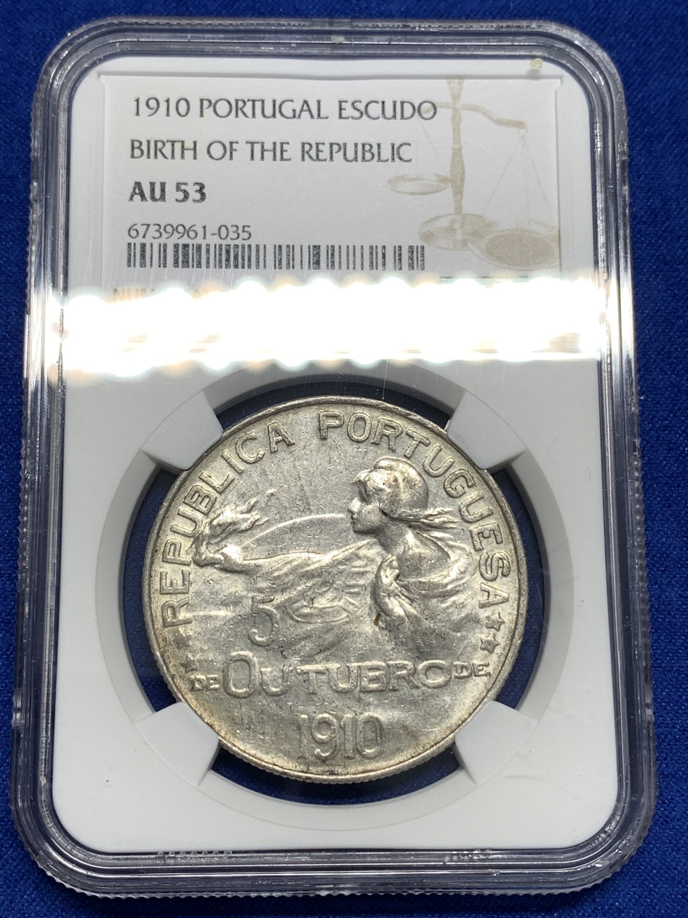 《竞宝斋》第179场-周日，周一2场 (全场包邮) NGC-AU53 葡萄牙1910年 半岛战争女神头像 1埃斯库多大银币 稀少品种