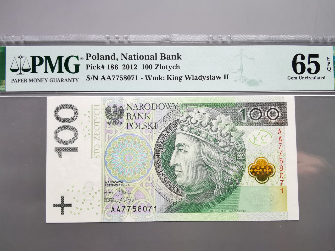 《崇甫堂》-PMG评级波兰纸钞VII PMG-65 首发AA冠《国王与纹章系列》100兹罗提 P#186