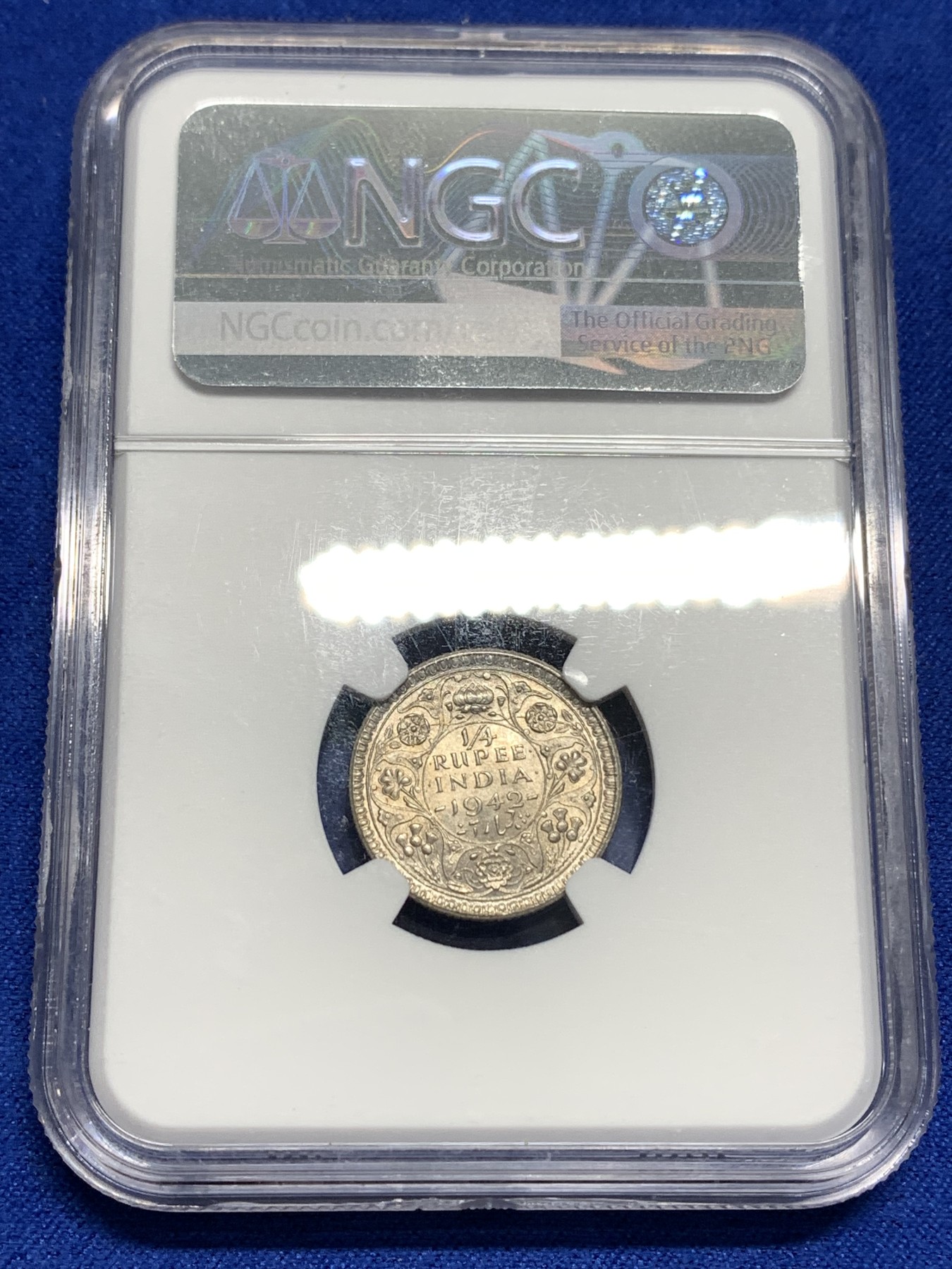 《竞宝斋》第179场-周日，周一2场 (全场包邮) NGC MS64 英属印度 乔六 1942年 1/4卢比银币 小面值少见