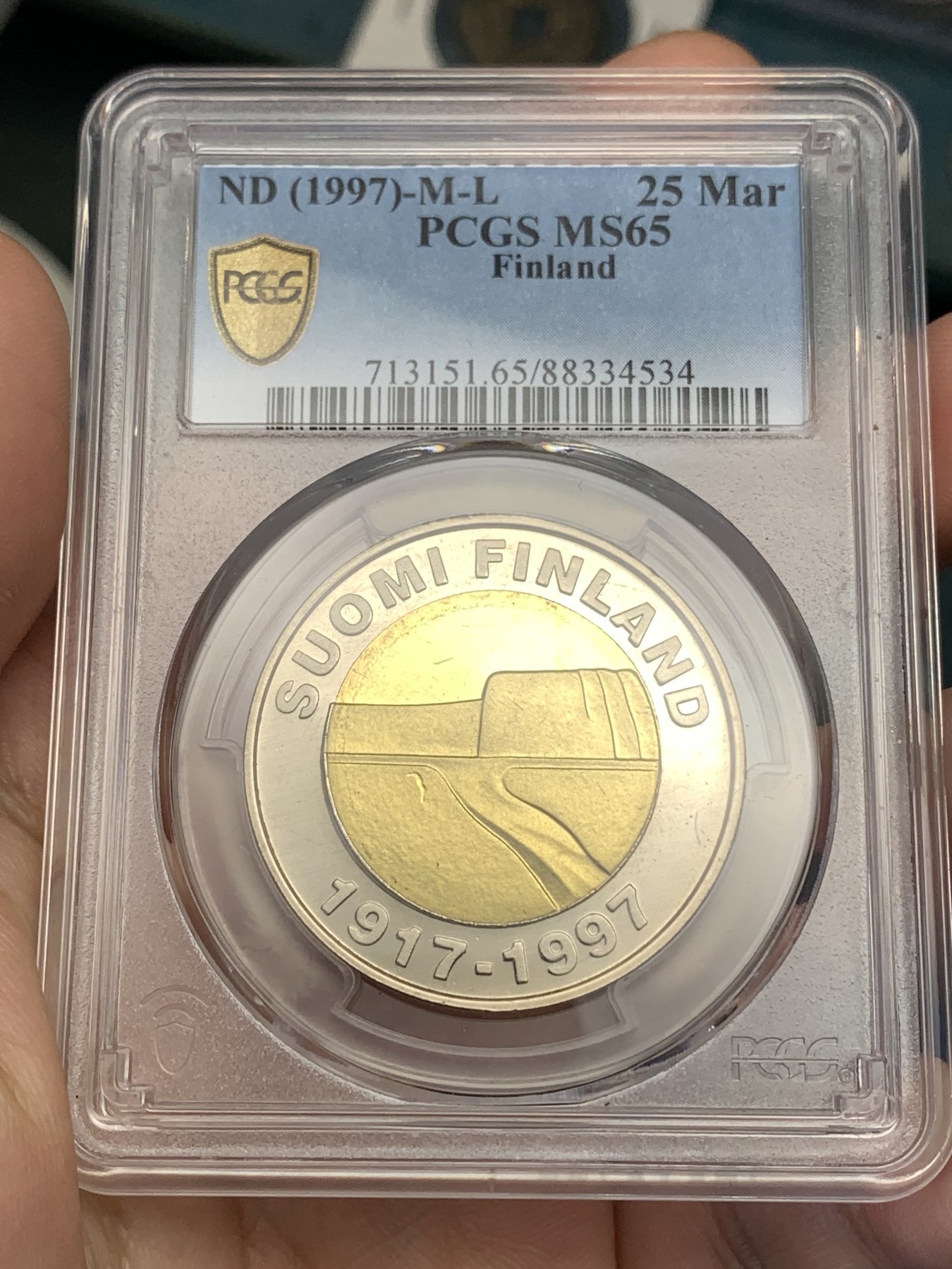 《竞宝斋》第179场-周日，周一2场 (全场包邮) PCGS MS65 芬兰1997 独立80周年 25马克双金属纪念币