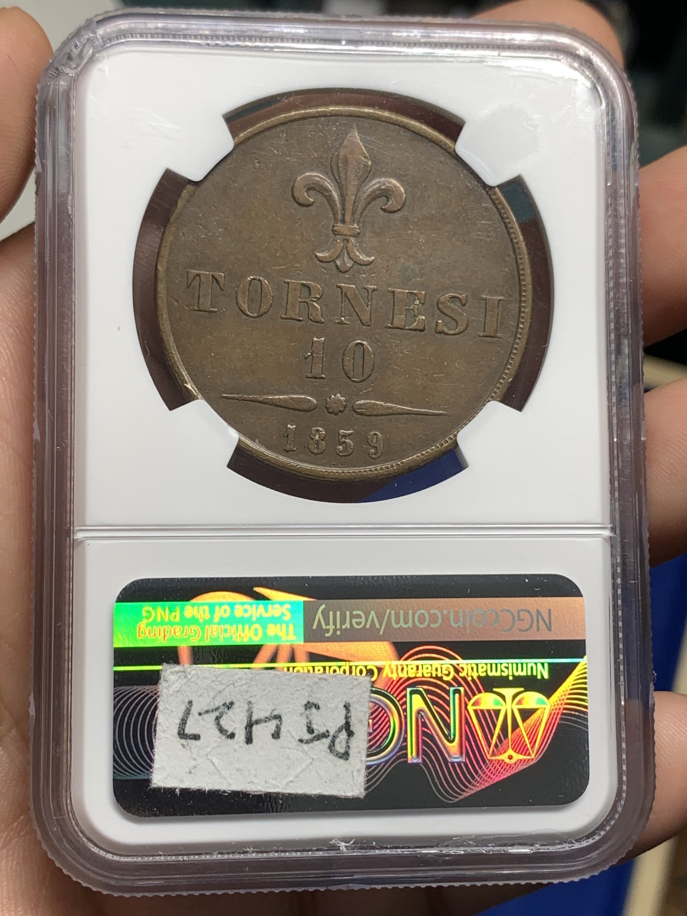 《竞宝斋》第179场-周日，周一2场 (全场包邮) NGC XF45  1859 意大利那不勒斯弗朗西斯二世10托大铜币，单年版，31.18克，齿边向左比齿边向右价格贵一倍