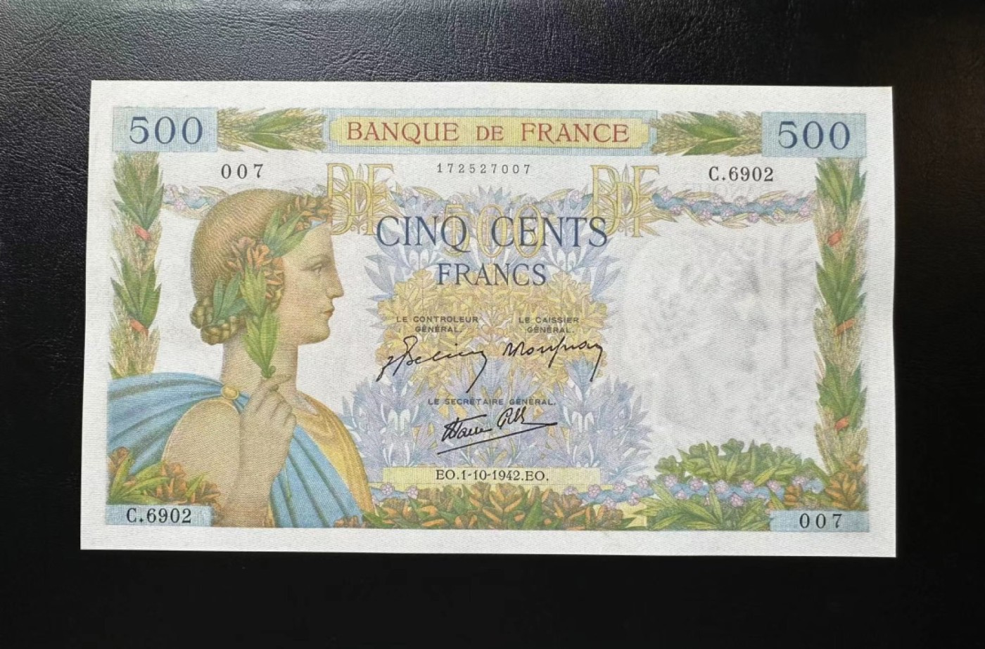 【Blue Auction】✨世界纸币精拍第341期——周日畅拍场 法国 1942年500法郎 AU+