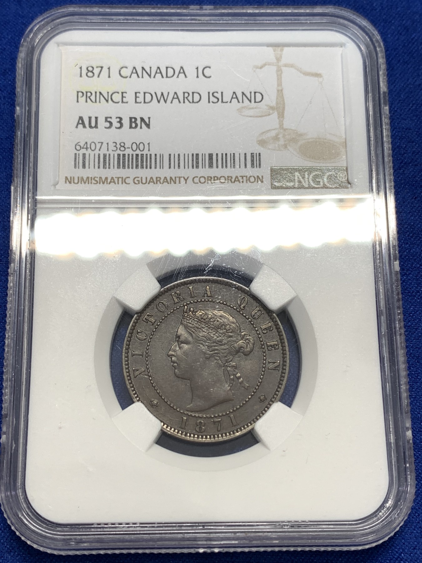 《竞宝斋》第179场-周日，周一2场 (全场包邮) NGC-AU53 1871年 维多利亚女王 爱德华王子岛1分铜币 维皇像+橡树，少见品种。深棕色均匀包浆，细节很好。加拿大的诞生之地