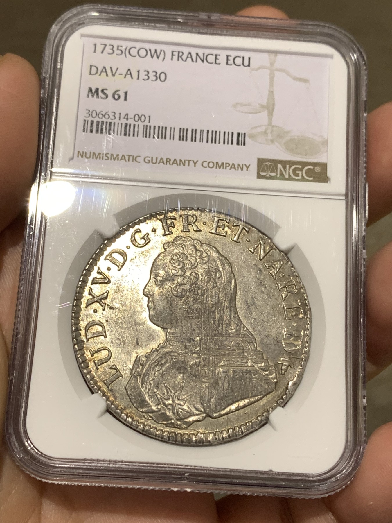 《竞宝斋》第179场-周日，周一2场 (全场包邮) NGC MS61 法国1735年路易十五1埃居银币 冠军分