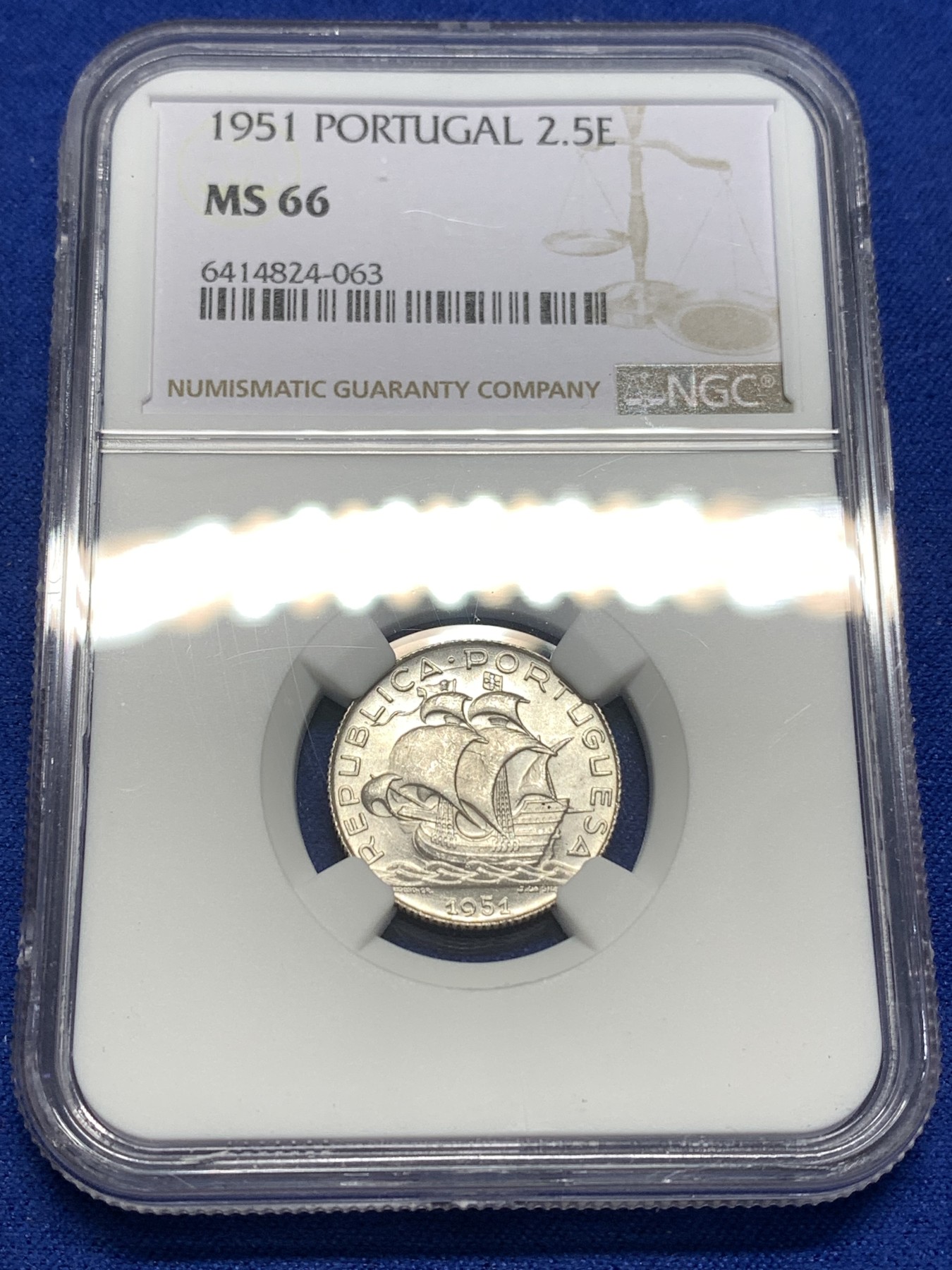 《竞宝斋》第179场-周日，周一2场 (全场包邮) NGC MS66 葡萄牙1951大帆船 2.5埃斯库多银币