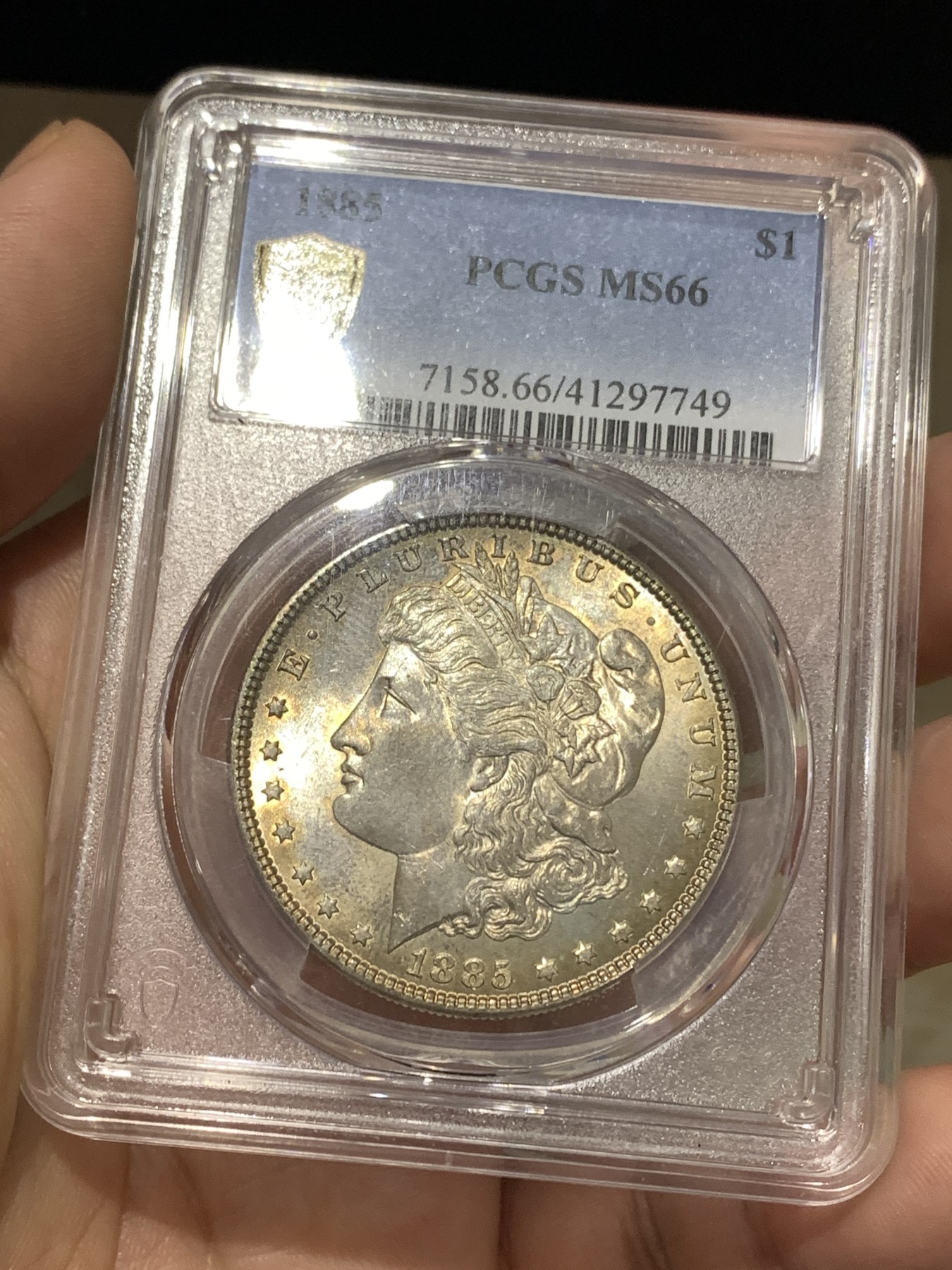 《竞宝斋》第179场-周日，周一2场 (全场包邮) PCGS MS66 美国 1885年 五彩 摩根银元 双面包浆美丽 高分状态 细节不言而喻