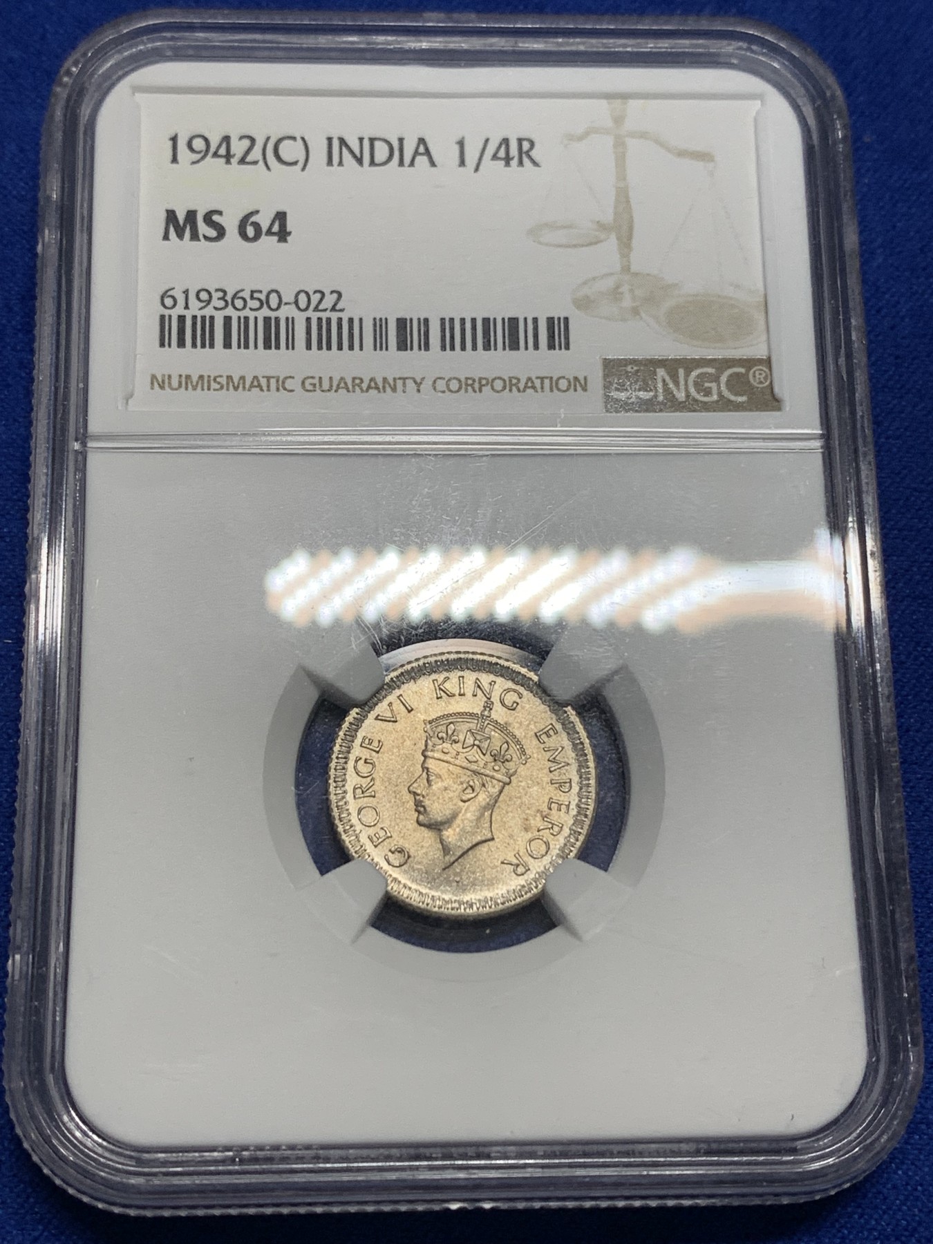 《竞宝斋》第179场-周日，周一2场 (全场包邮) NGC MS64 英属印度 乔六 1942年 1/4卢比银币 小面值少见