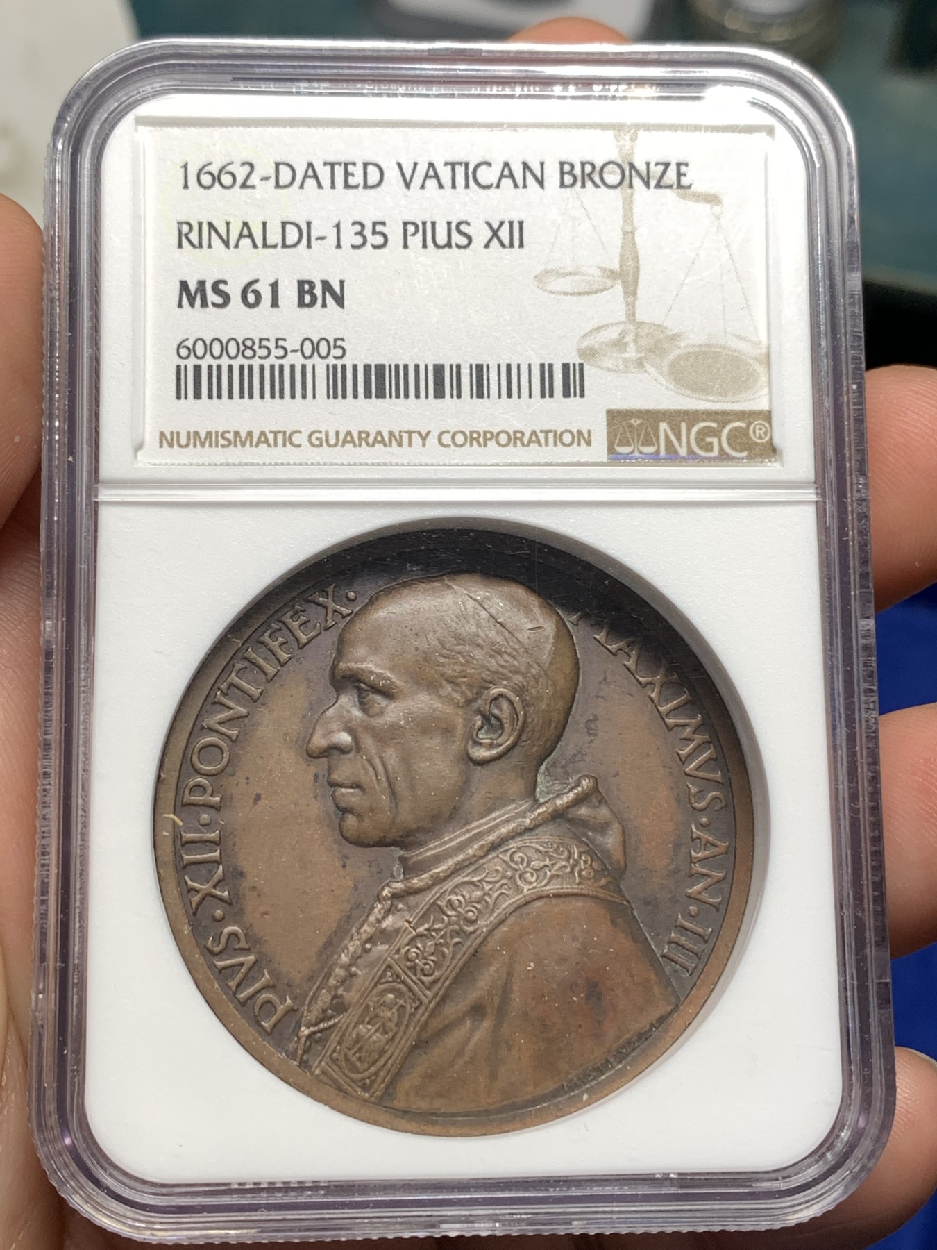 《竞宝斋》第179场-周日，周一2场 (全场包邮) NGC MS61BN 梵蒂冈 庇护十二世 纪念大铜章 巧克力包浆 加厚盒装