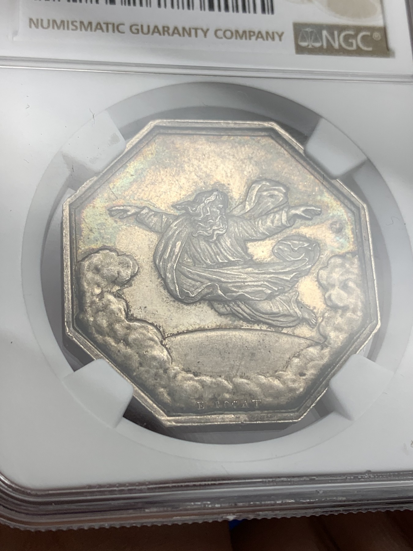 《竞宝斋》第179场-周日，周一2场 (全场包邮) NGC MS62 法国八角银质代币，1843年天父保险公司，飞天的宙斯，少见蜜蜂边铭