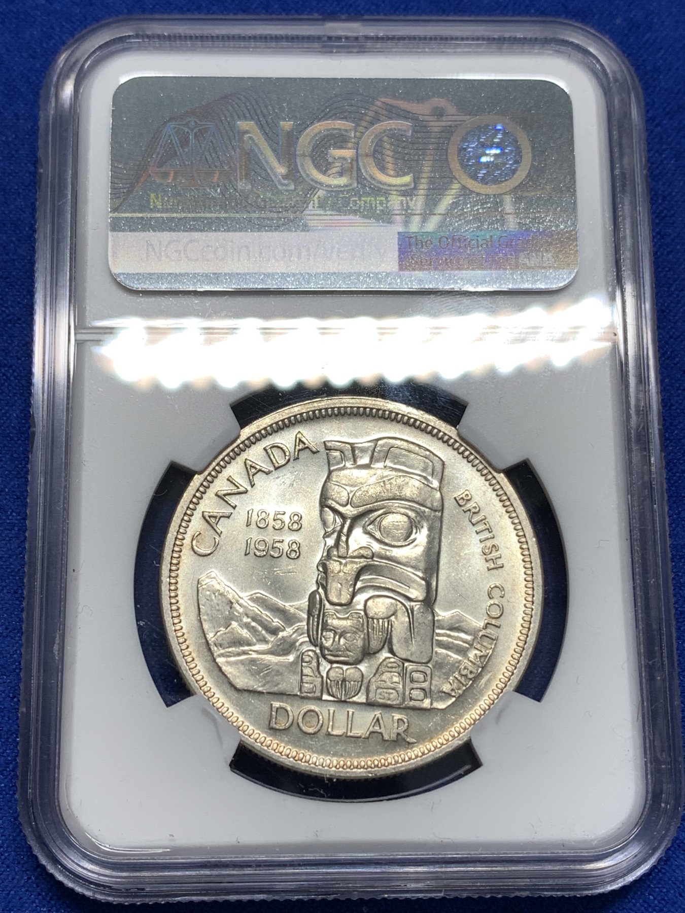 《竞宝斋》第179场-周日，周一2场 (全场包邮) NGC MS63 1958年 加拿大 哥伦比亚百年纪念1元银币 高银版