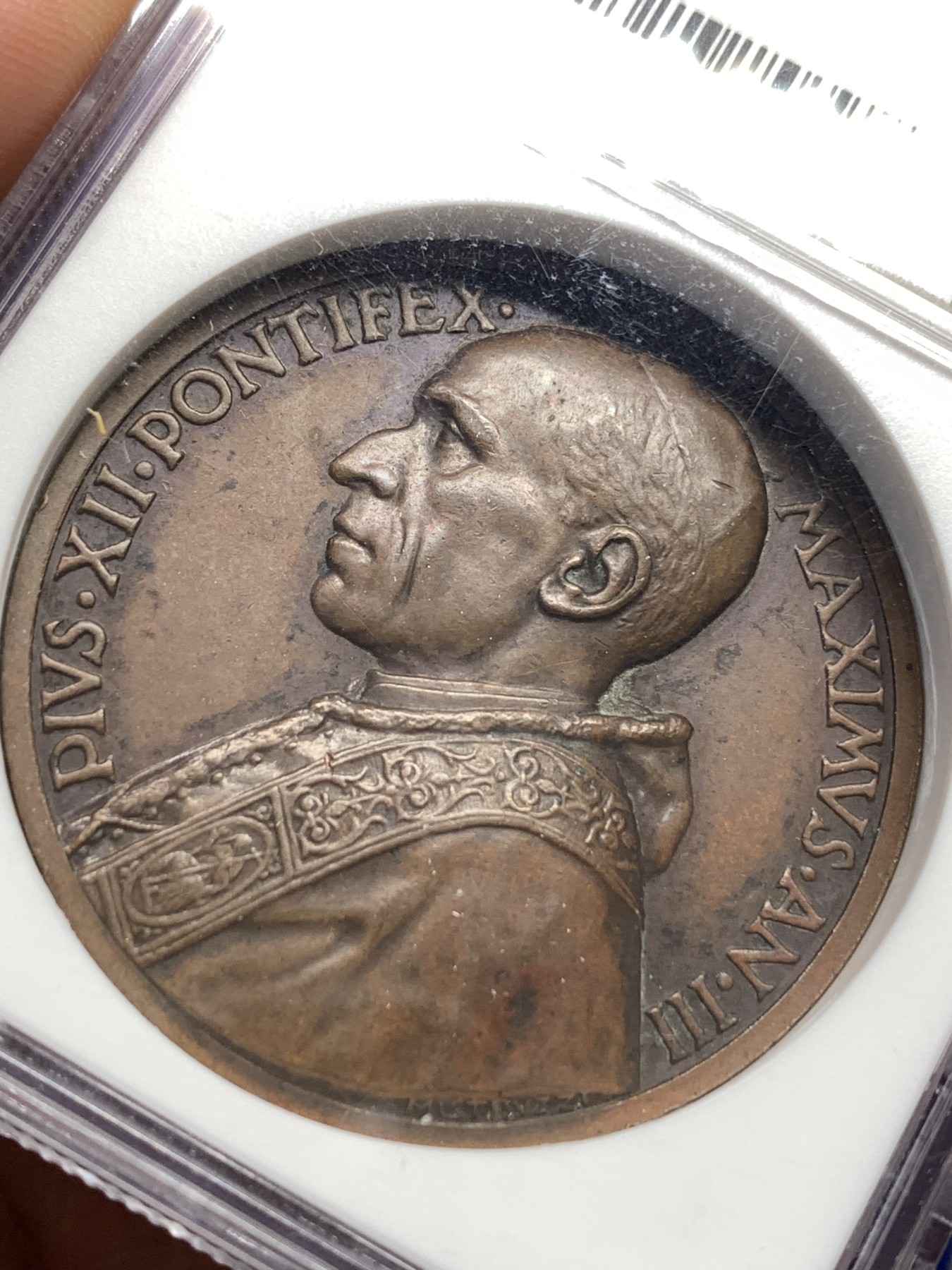 《竞宝斋》第179场-周日，周一2场 (全场包邮) NGC MS61BN 梵蒂冈 庇护十二世 纪念大铜章 巧克力包浆 加厚盒装