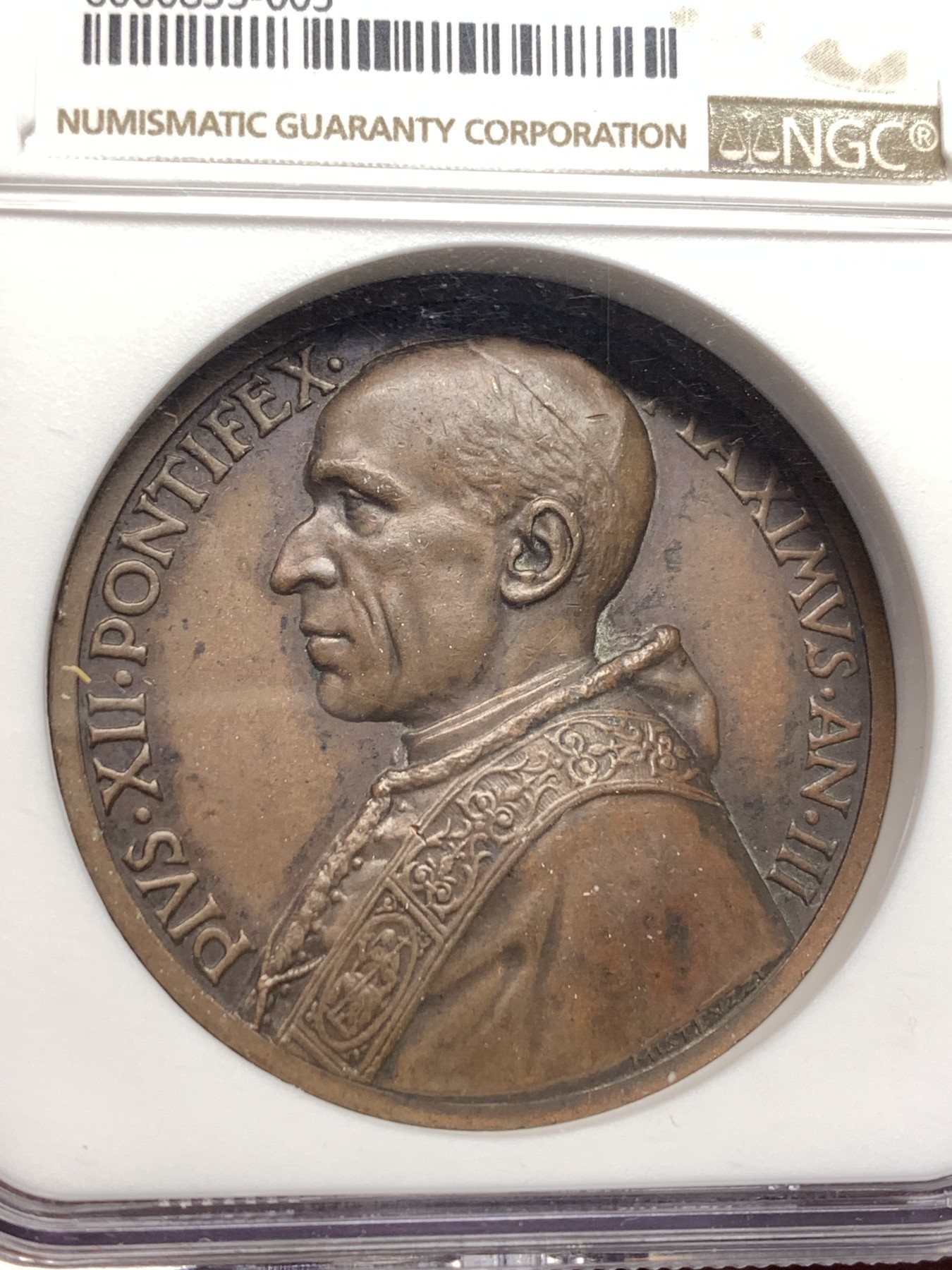 《竞宝斋》第179场-周日，周一2场 (全场包邮) NGC MS61BN 梵蒂冈 庇护十二世 纪念大铜章 巧克力包浆 加厚盒装