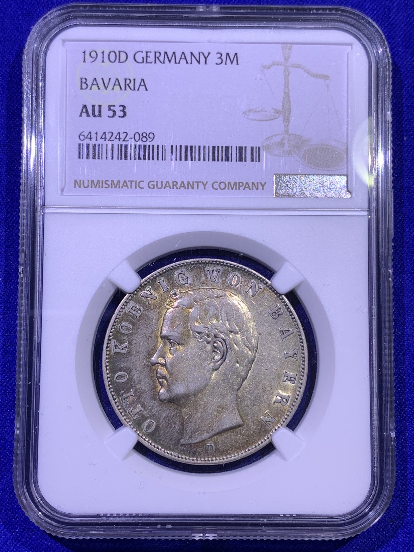 《竞宝斋》第179场-周日，周一2场 (全场包邮) NGC AU53 德国 1910年 巴伐利亚 奥托 3马克银币