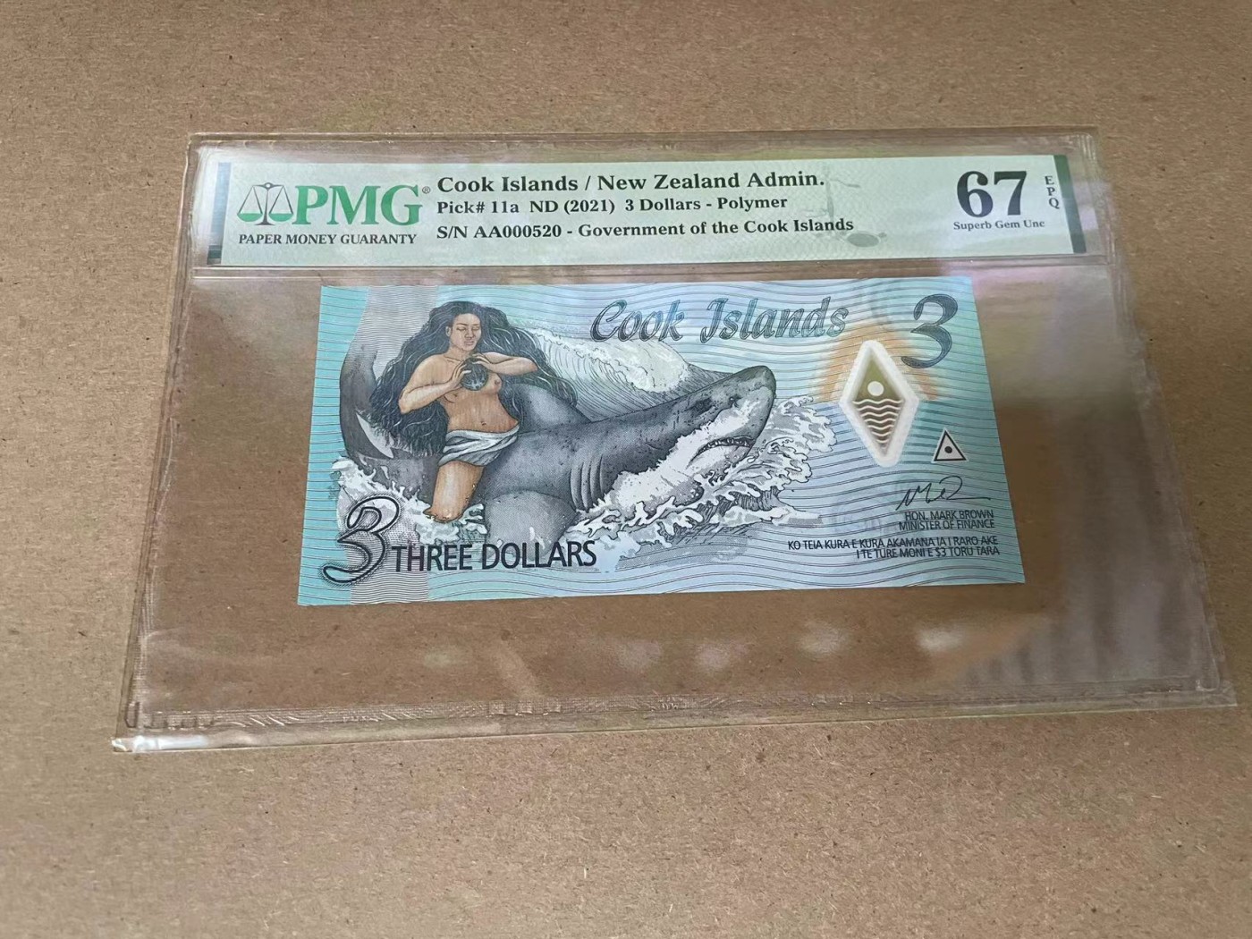 【Blue Auction】✨世界纸币精拍第341期——周日畅拍场 【AA冠520小号】库克群岛 2021年3元 PMG67EPQ 