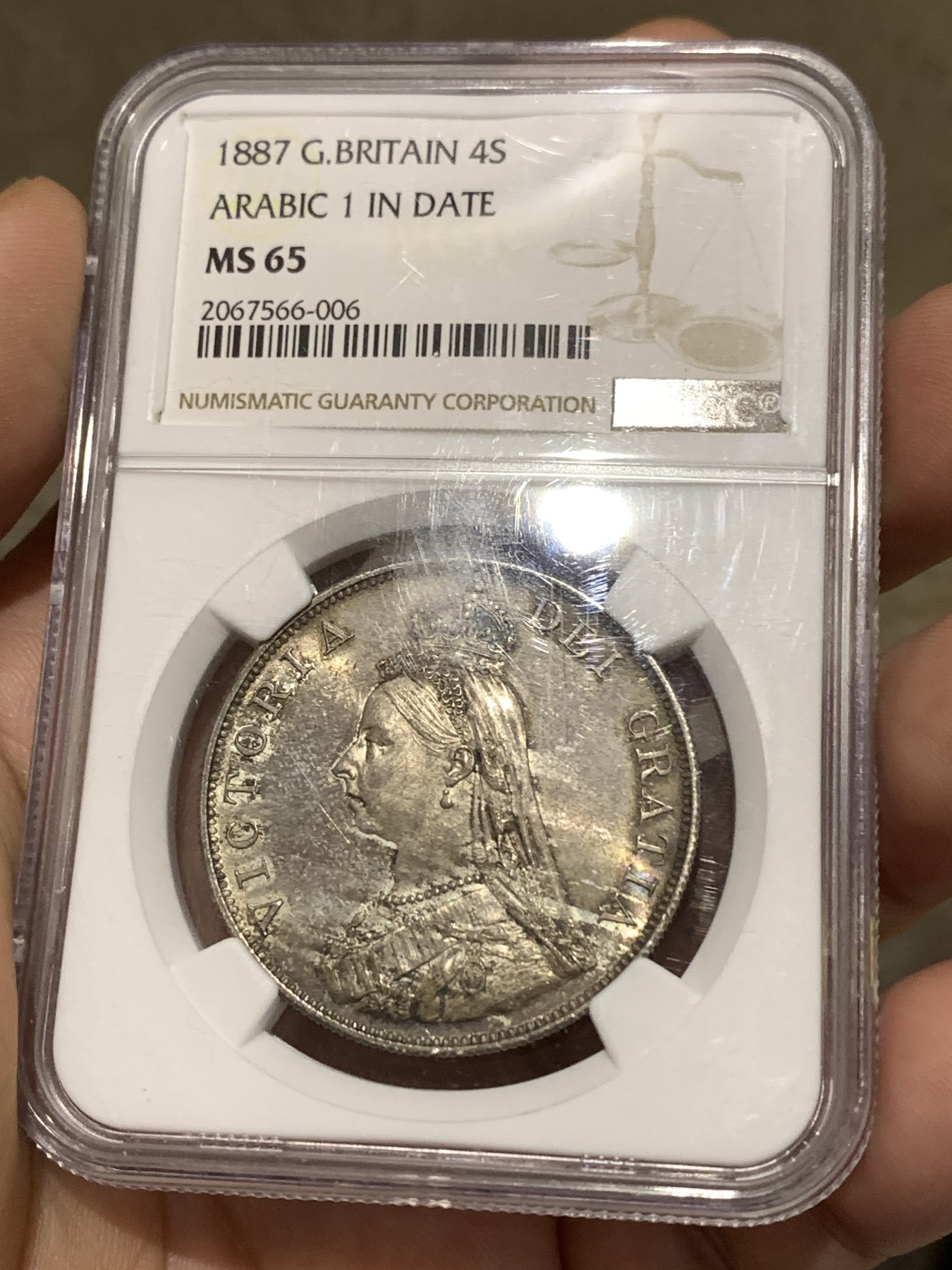 《竞宝斋》第179场-周日，周一2场 (全场包邮) NGC MS65 英国1887年 维多利亚女王高冠版 双福林银币 高等级分数 双面五彩包浆非常难得